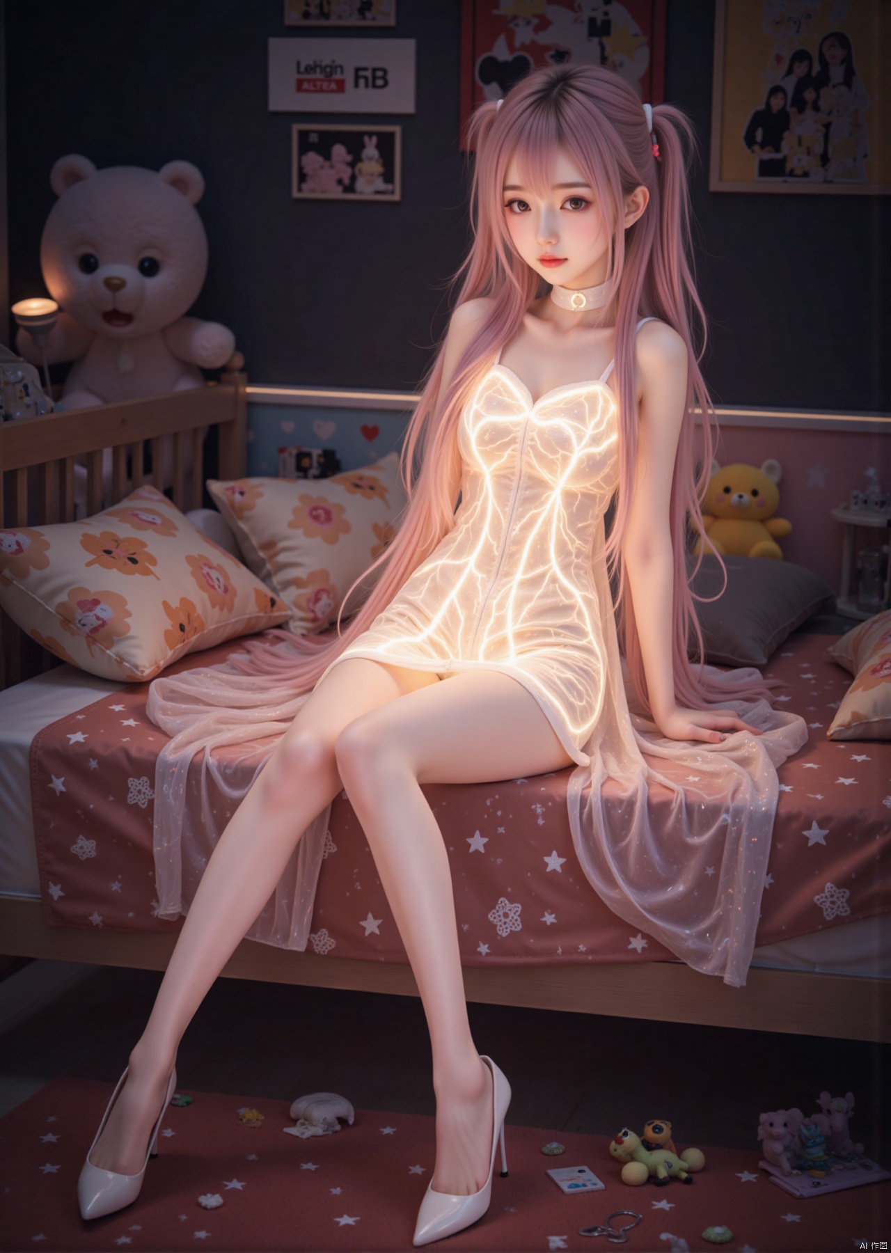 Realistic photo, 1girl, long hair, fair skin, glowing dress, long legs, high heels, full body, fashion pose, night, cute bedroom, stuffed toy,