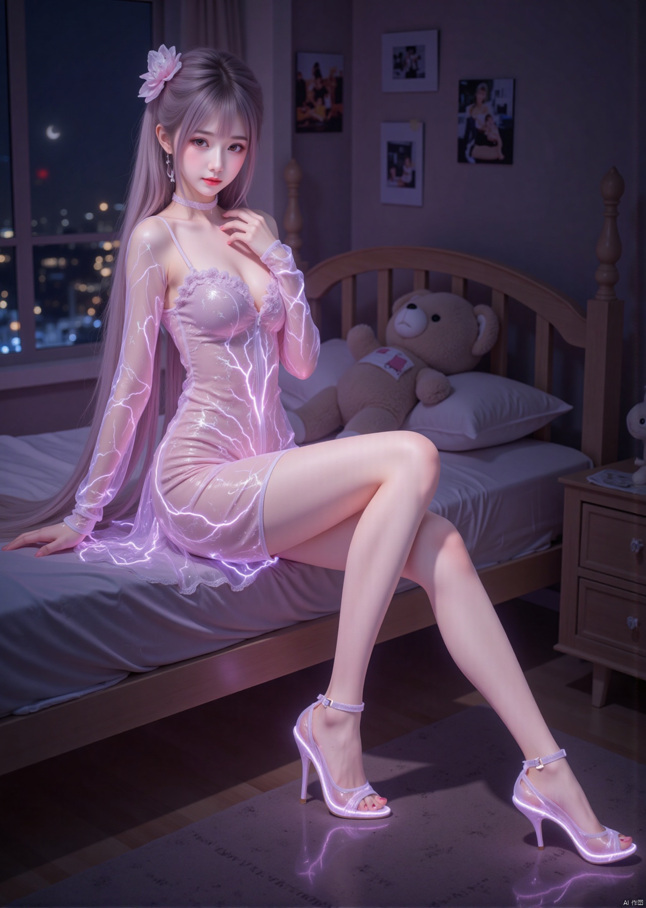 Realistic photo, 1girl, long hair, fair skin, glowing dress, long legs, high heels, full body, fashion pose, night, cute bedroom, stuffed toy,