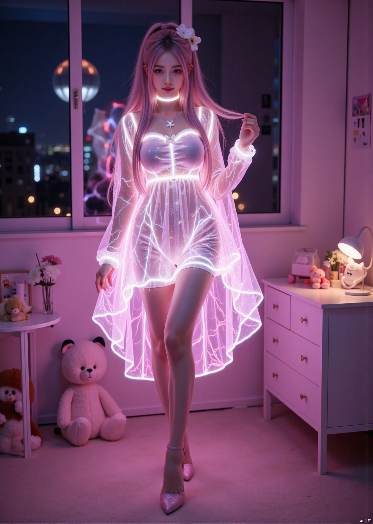 Realistic photo, 1girl, long hair, fair skin, glowing dress, long legs, high heels, full body, fashion pose, night, cute bedroom, stuffed toy,
