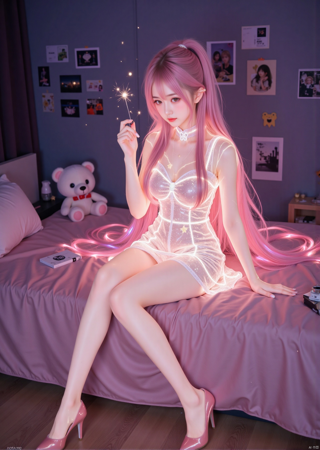 Realistic photo, 1girl, long hair, fair skin, glowing dress, long legs, high heels, full body, fashion pose, night, cute bedroom, stuffed toy,
