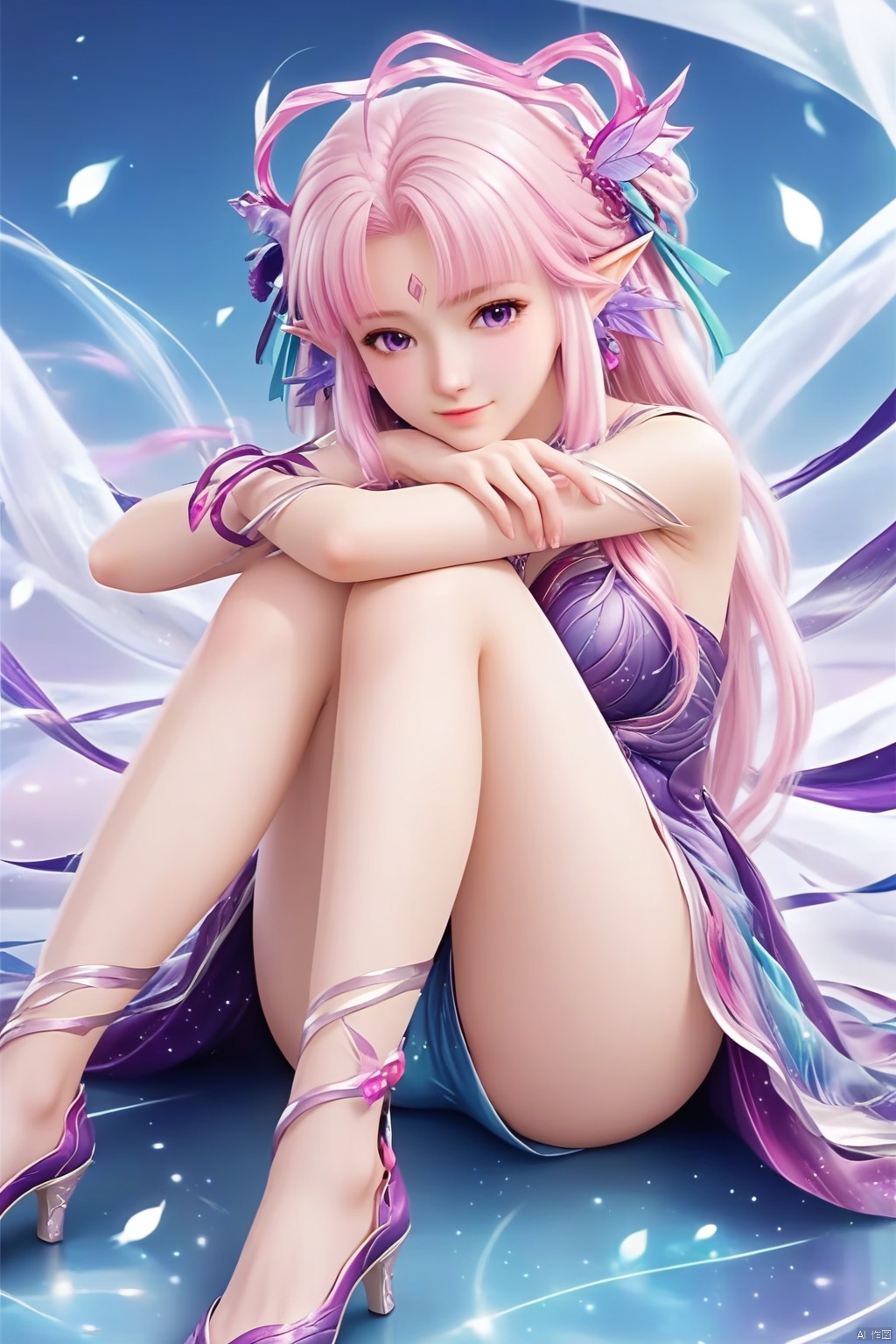 masterpiece, best quality, masterpiece,best quality,official art,extremely detailed CG unity 8k wallpaper,1girl,pink hair,long hair,hair ornament,pointy ears,looking at viewer,jewelry,leg ornaments,hugging own legs,dress,closed mouth