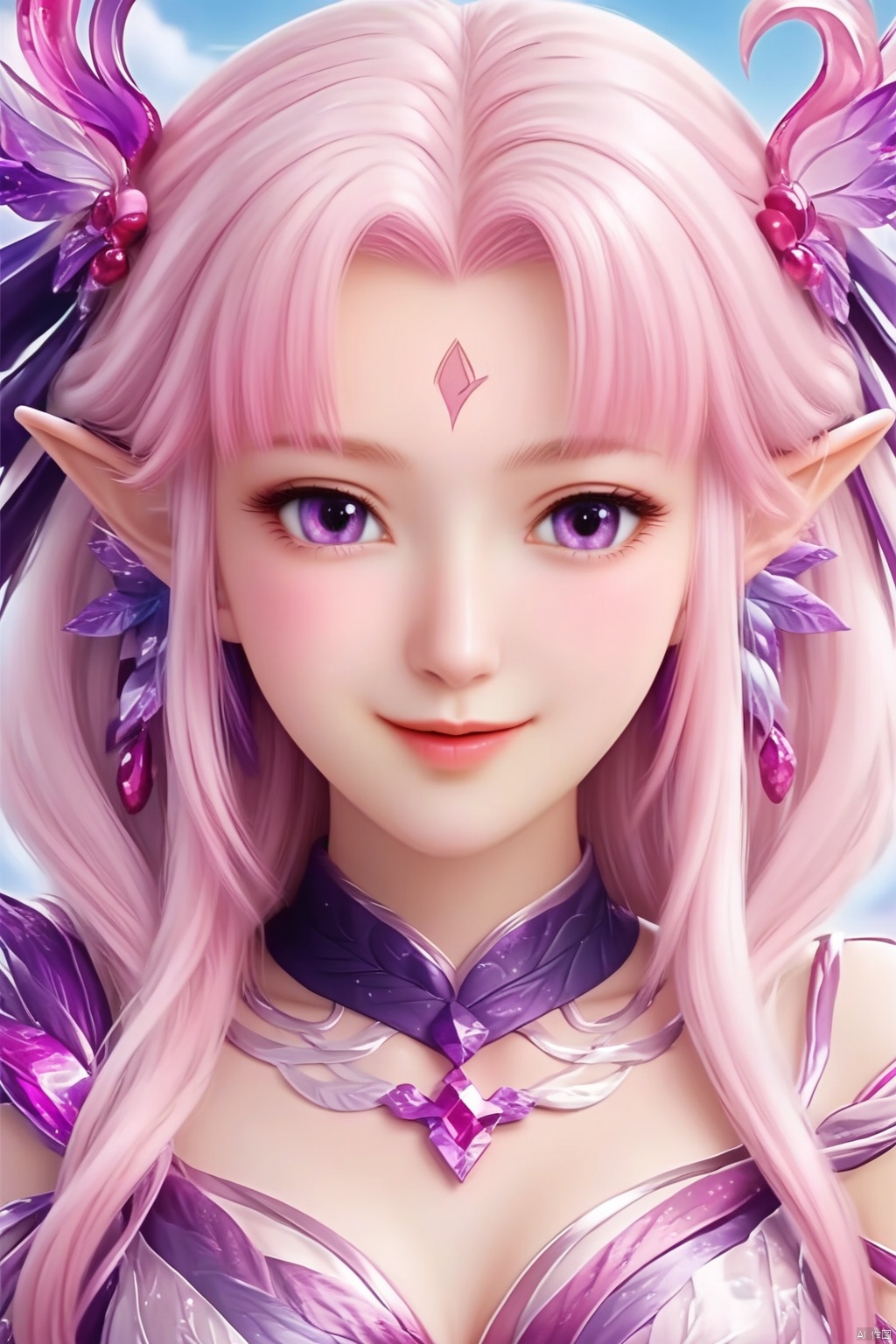 masterpiece, best quality, masterpiece,best quality,official art,extremely detailed CG unity 8k wallpaper,1girl,pink hair,long hair,hair ornament,pointy ears,looking at viewer,jewelry,facial mark,forehead mark,happy,leg ornaments