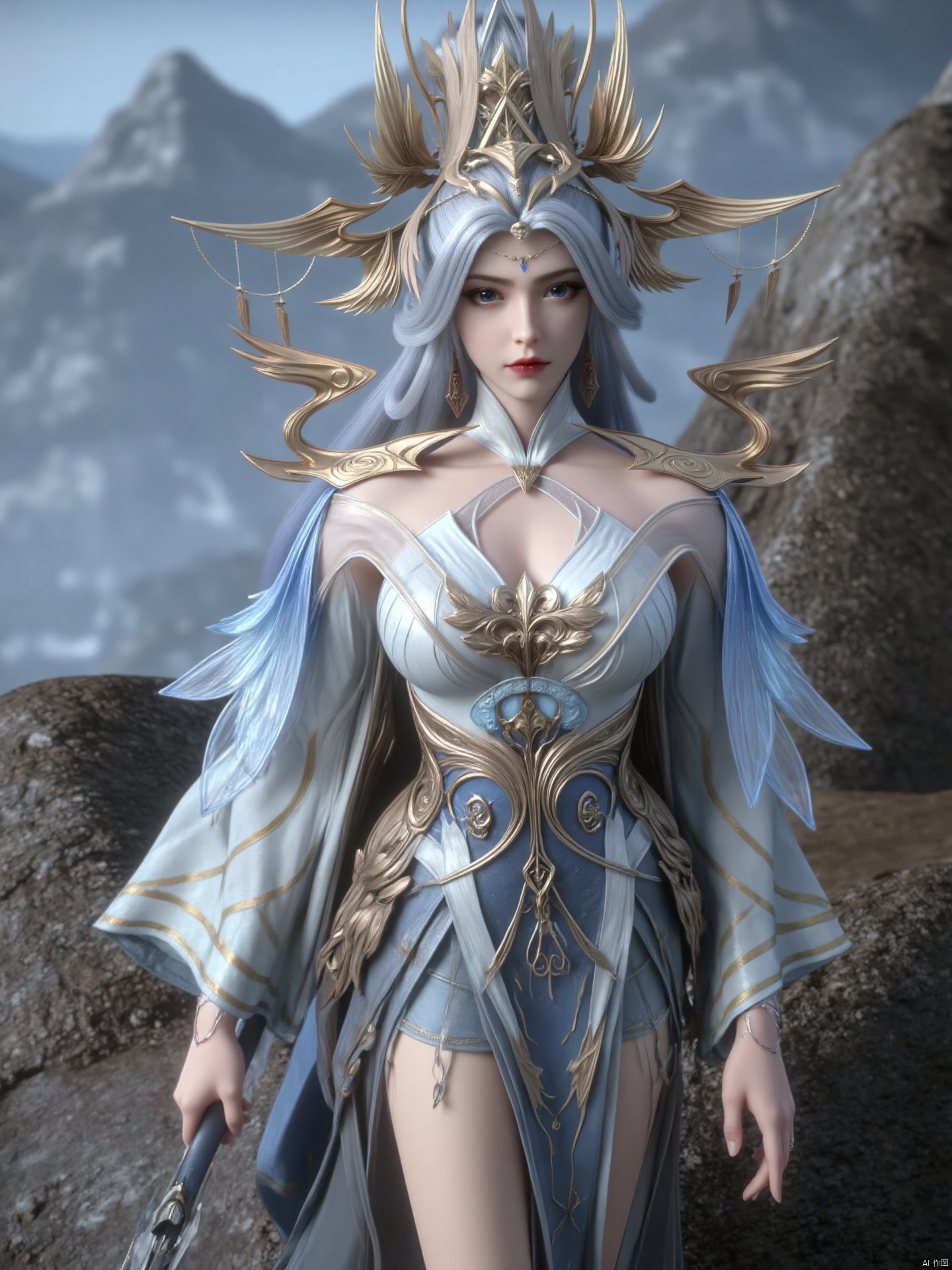 a 3D rendering of a female warrior is depicted. She is dressed in a flowing blue and gold costume, adorned with a crown on her head. Her dress is adorned with gold accents, adding a touch of sparkle to her outfit. Her hair is a light gray, and her eyes are a deep red. She stands with her left hand on her hip, holding a sword in her right hand. Her right hand is draped over her right shoulder. Her left hand is positioned in a way that she is facing the viewer. The backdrop is blurred, with a mountain range in the distance.zichu