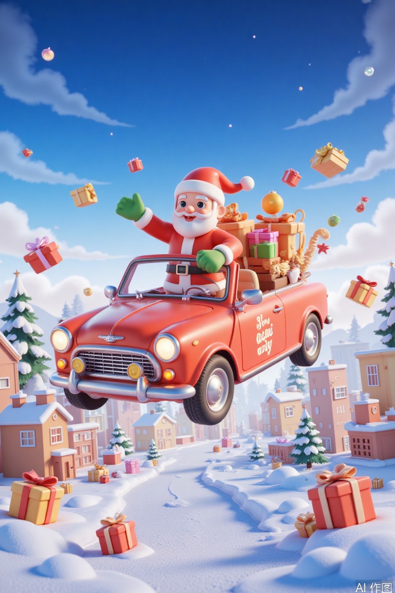 A Santa Claus is riding a Christmas car in the air with many Christmas gifts, 3D clay, 3D clay,