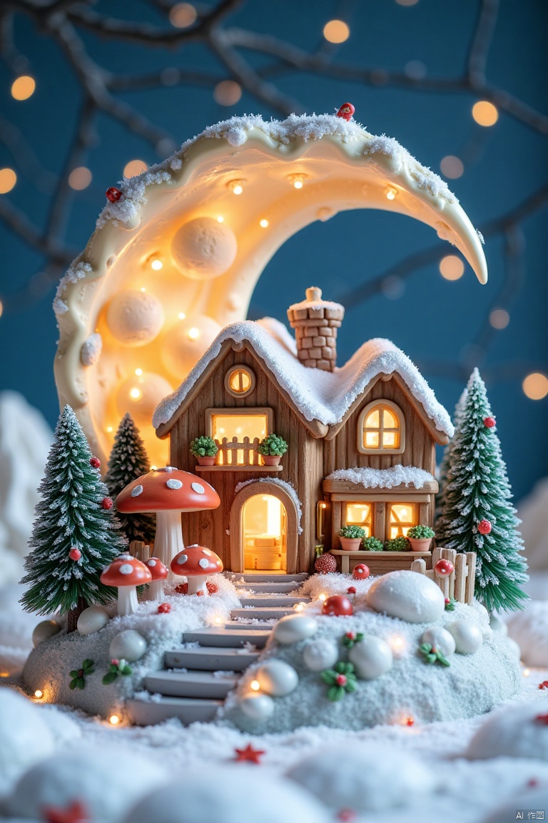 Resin moon house with fairy lights inside, resin sculpture with mushroom and pine tree decor, resin white snow mountain scene, resin sculpture of a fantasy village in the shape of a crescent moon with lighted windows and stairs,