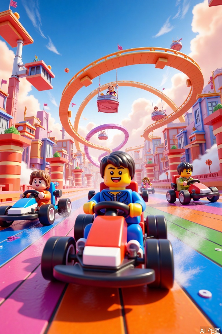 LEGO adventurers race go-karts through a rainbow-colored racetrack suspended in the clouds.,
Movie Poster,cinematic light,Professional Art,
many details,extreme detailed,full of details,
Wide range of colors.,Dramatic,Dynamic,Cinematic,Sharp details,
Insane quality. Insane resolution. Insane details. Masterpiece. 32k resolution.,
ral-fntsyrlms,blend of reality and lego style,