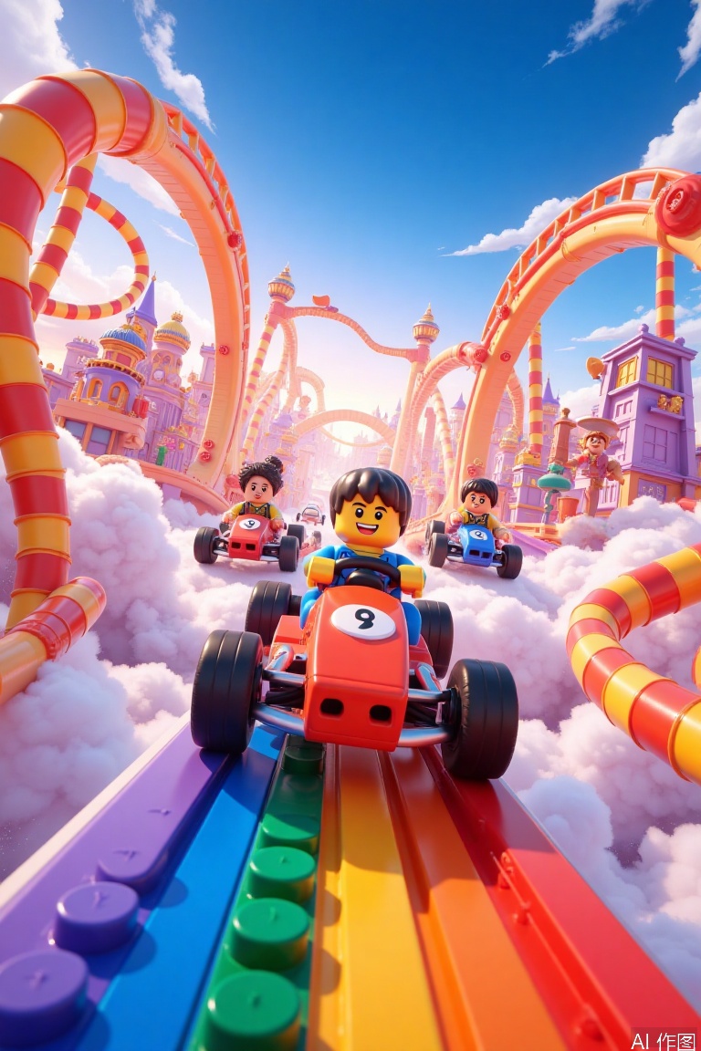LEGO adventurers race go-karts through a rainbow-colored racetrack suspended in the clouds.,
Movie Poster,cinematic light,Professional Art,
many details,extreme detailed,full of details,
Wide range of colors.,Dramatic,Dynamic,Cinematic,Sharp details,
Insane quality. Insane resolution. Insane details. Masterpiece. 32k resolution.,
ral-fntsyrlms,blend of reality and lego style,