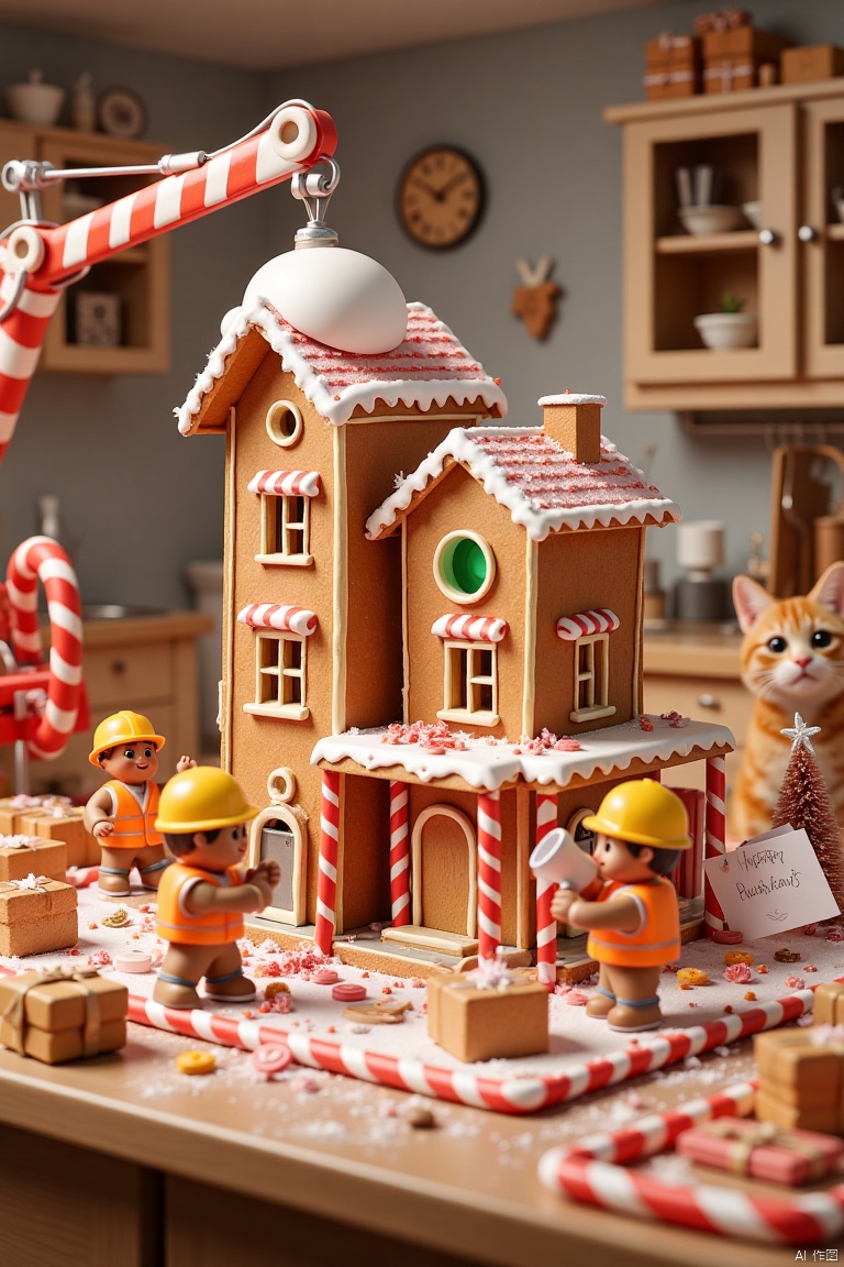 In a kitchen-turned-construction site, gingerbread men in tiny hard hats and reflective vests work on building an elaborate gingerbread mansion. One gingerbread worker operates a candy cane crane, lifting a gumdrop roof into place, while another holds a blueprint made of icing. Nearby, a gingerbread foreman yells into a licorice megaphone, gesturing at a pile of marshmallow bricks that are about to topple. The table is a chaotic mix of sprinkles, frosting, and construction tools made of candy, while a curious cat watches from the counter, ready to pounce on a stray gumdrop,Fantastic lighting. Detailed shadows.intricate details, vivid colors, hyper-detailed, ultra-sharp,