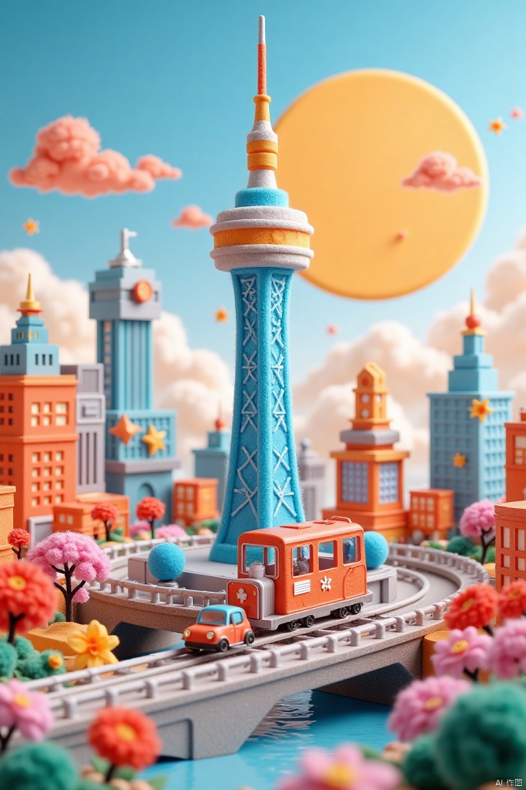 Felt style, furry Canton Tower, furry subway train, furry sun, Guangzhou, clean image, clean background, depth of field, felt painting, wool felt, bright colors, whimsical, fluffy, stop motion animation, miniature landscape,