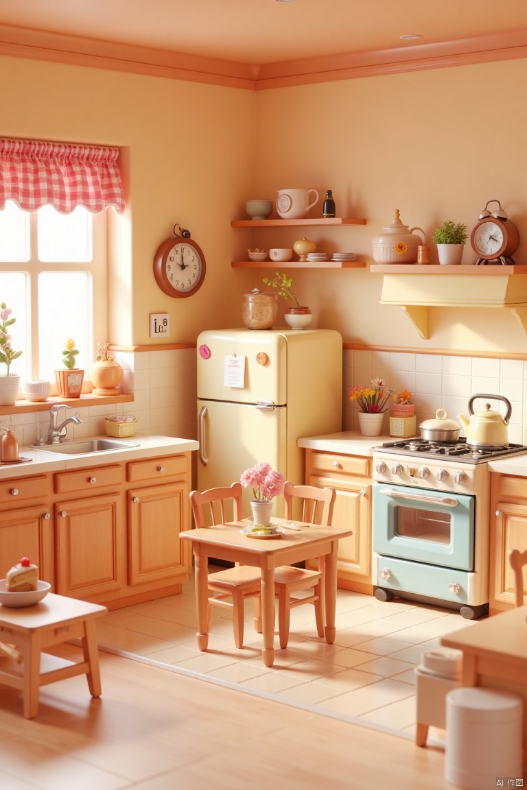  This image is a detailed, highly stylized CGI rendering of a cozy, vintage kitchen scene. The kitchen is set in a small, square space with warm, earthy tones. The walls are cream-colored, and the cabinetry is a light beige with a polished wood finish. The countertops are also light beige with a glossy texture. To the left, there is a small window with a pink checkered curtain, allowing soft light to filter in. On the countertop, there are various kitchen utensils and dishes, including a small bowl, a spoon, and a plate with a slice of cake. A small, rustic wooden chair is placed near the counter. In the center of the image, there is a cream-colored refrigerator with magnets and notes pinned to it. Next to the refrigerator is a small wooden table with a vase of flowers and a bottle of wine. Above the table, there is a shelf with a few small, decorative items and a vintage clock. The back of the kitchen features a stove with a blue oven door and a kettle on the stove. Above the stove, there is a shelf with more decorative items. The overall style is whimsical and nostalgic, with a focus on warm, inviting colors and textures.
