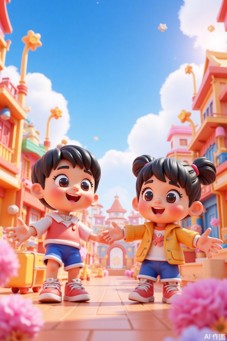 boys and girls, smiling happily, bright colors, rich details, vistas, overlooking camera, Animated Lighting, Ray Tracing, Depth of Field, Cartoon Style, Clay material, 3D Art, Pixar, C4D, blender, behance, OC renderer, high detail, 16K