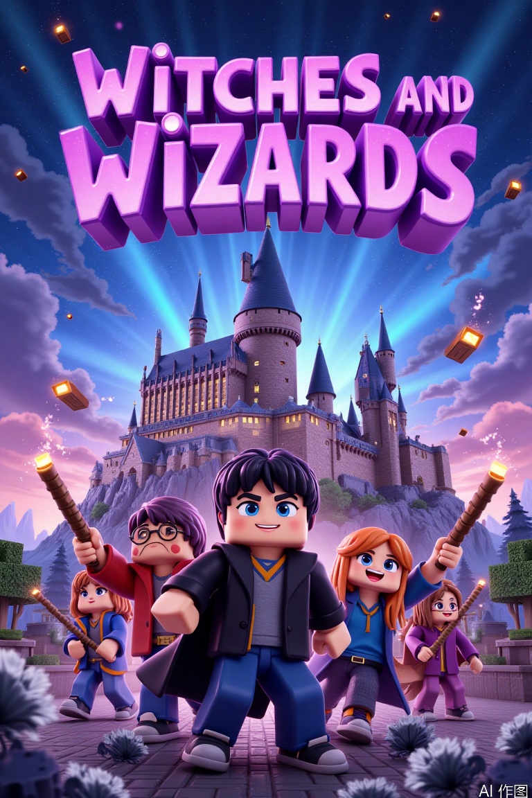 A movie poster for Witches and Wizards, showcasing blocky wizards with furry hair and square lightning scars, holding pixelated wands emitting square particles. In the background, the cubic Hogwarts castle stands prominently under a Minecraft-inspired logo. The film title appears in magical purple text, framed by vibrant colors and pixel art details. The composition uses a wide-angle shot to emphasize the iconic castle, with wizards centered in action poses. Keywords: wizards, pixelated wand, cubic castle, Minecraft style, purple text, magical particles, blocky design.