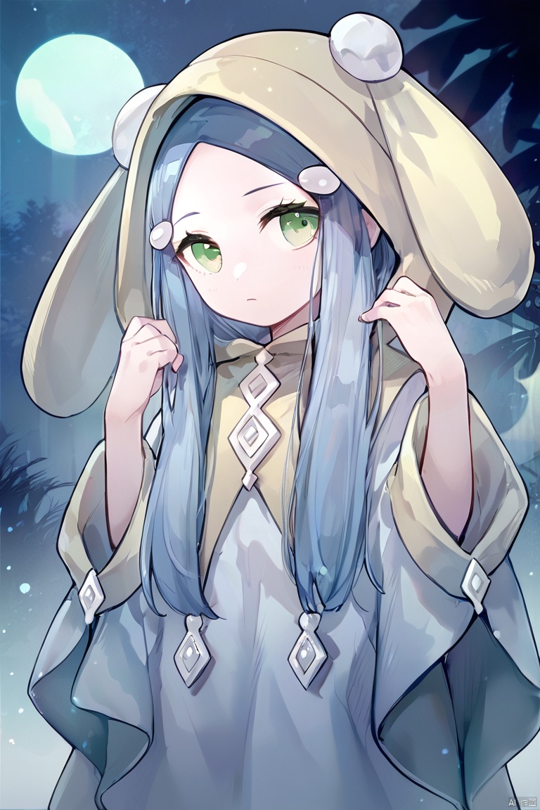 score_9,score_8,score_7, Ghost Mourner & Moonlit Chill \(ygo\), 1girl, solo, long hair, green eyes, blue hair, hood, pale skin,