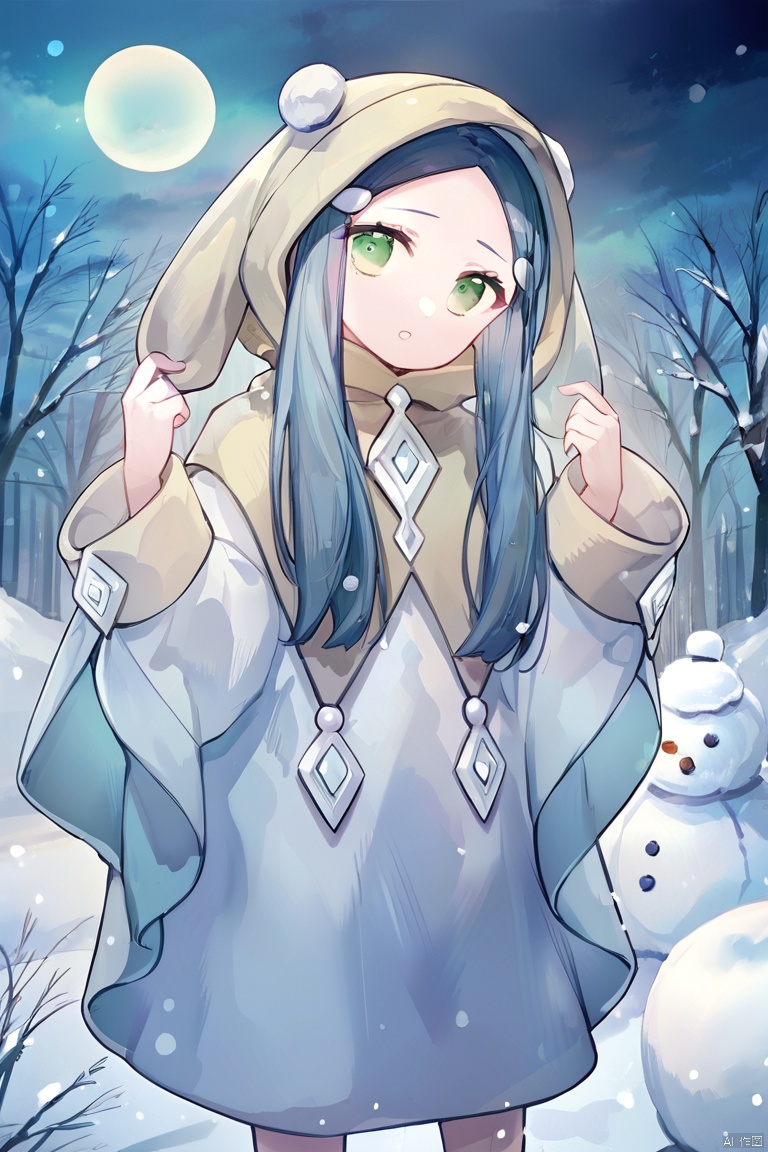score_9,score_8,score_7, Ghost Mourner & Moonlit Chill \(ygo\), 1girl, solo, long hair, green eyes, blue hair, hood, winter, snow, snowman,
