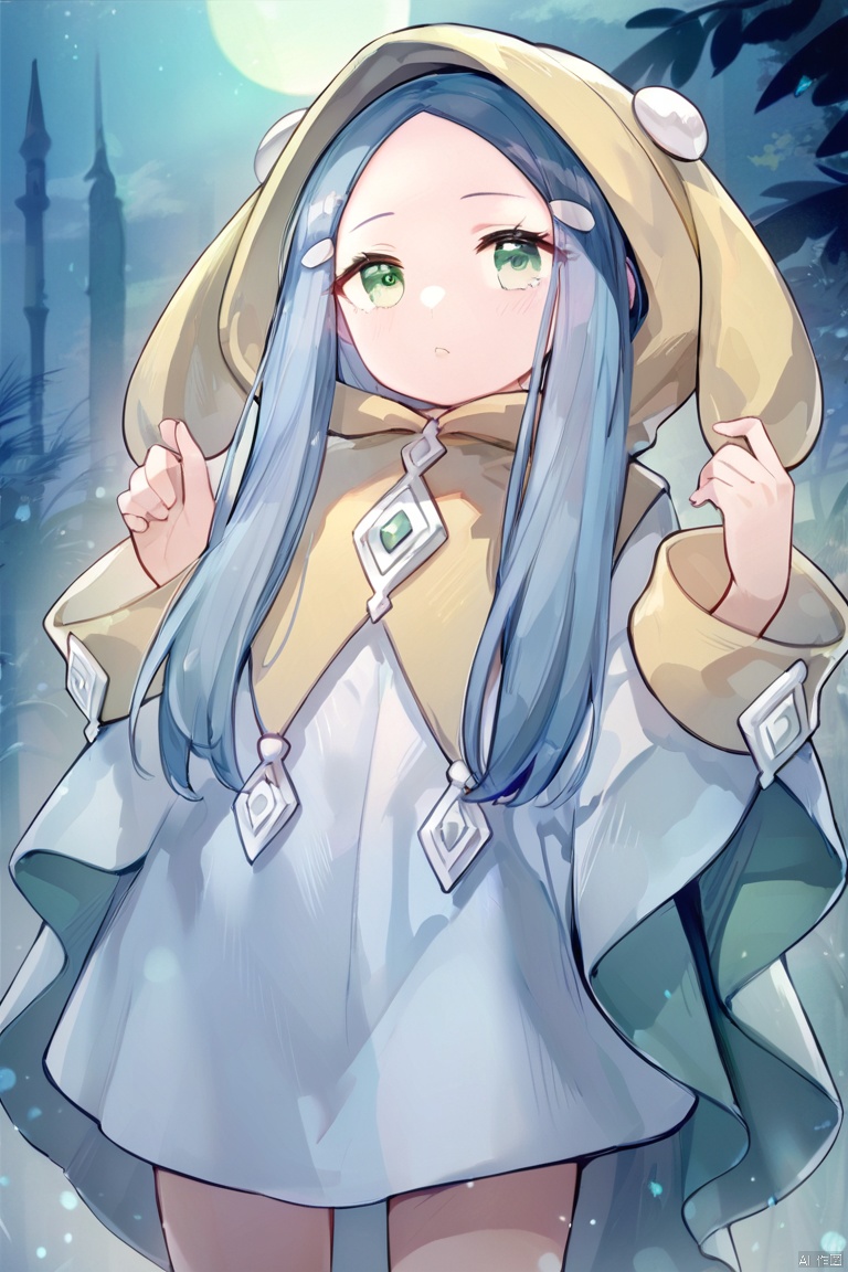 score_9,score_8,score_7, Ghost Mourner & Moonlit Chill \(ygo\), 1girl, solo, long hair, green eyes, blue hair, hood,