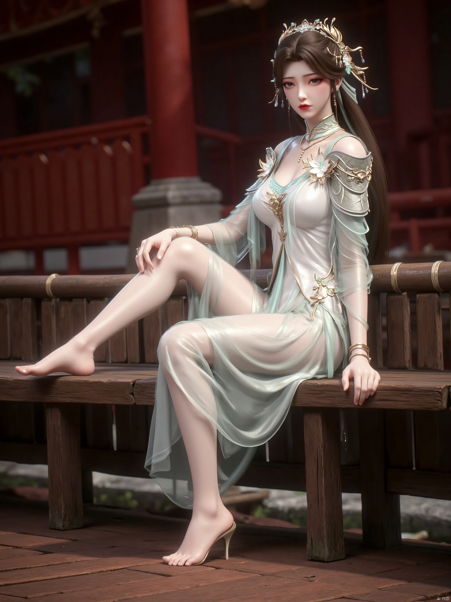 a young Asian woman is seated on a wooden bench. She is wearing a sleeveless white dress adorned with white flowers. Her hair is pulled back in a ponytail, and her eyes are a piercing blue. The woman's feet are bare, her left foot is resting on the wooden floor, adding a touch of balance to the scene. The backdrop of the scene is blurred, creating a stark contrast to the woman's white dress.zichu