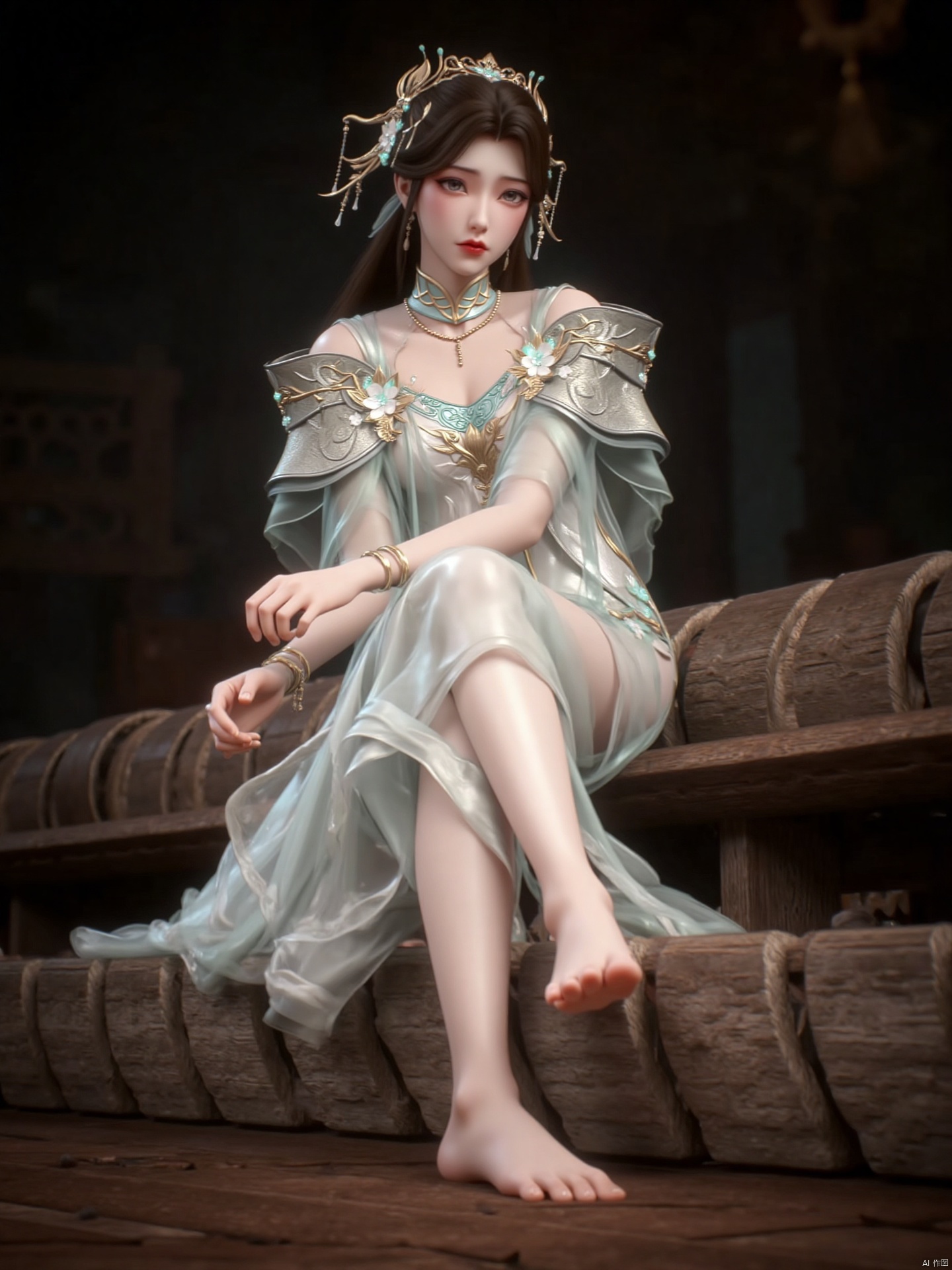 a young Asian woman is seated on a wooden bench. She is wearing a sleeveless white dress adorned with white flowers. Her hair is pulled back in a ponytail, and her eyes are a piercing blue. The woman's feet are bare, her left foot is resting on the wooden floor, adding a touch of balance to the scene. The backdrop of the scene is blurred, creating a stark contrast to the woman's white dress.zichu