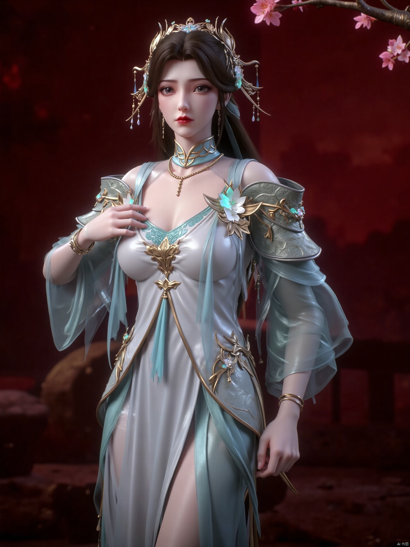 a full-angle shot of a woman, dressed in a blue kimono, adorned with gold leaves and flowers. She is adorned with a blue ribbon and a blue bow, adding a touch of color to her outfit. Her hair is pulled back, cascading over her shoulders, framing her face. Her eyes are a piercing blue, and her lips are a deep red. She stands with her left hand on her hip, while her right hand is draped over her left shoulder. The backdrop is a deep maroon, with a tree branch adorned with pink flowers in the upper right corner of the frame.zichu