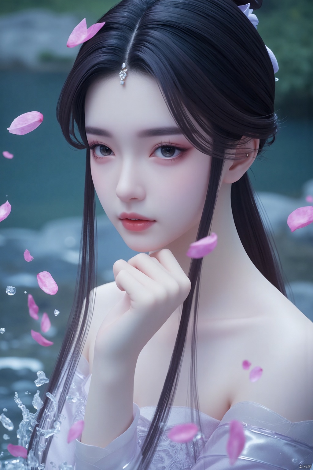 A girl,Mature woman,Sister Yu,30 years old,  Sit by the water, long black hair, blue eyes, pale skin, shiny skin, yuanyao, high quality, master work, bare skin,surround by water,Anger,Blush,Angry,Dodge,There are pink petals falling in the air,The water splashed,petal censor,Gauze, classical,looking at viewer