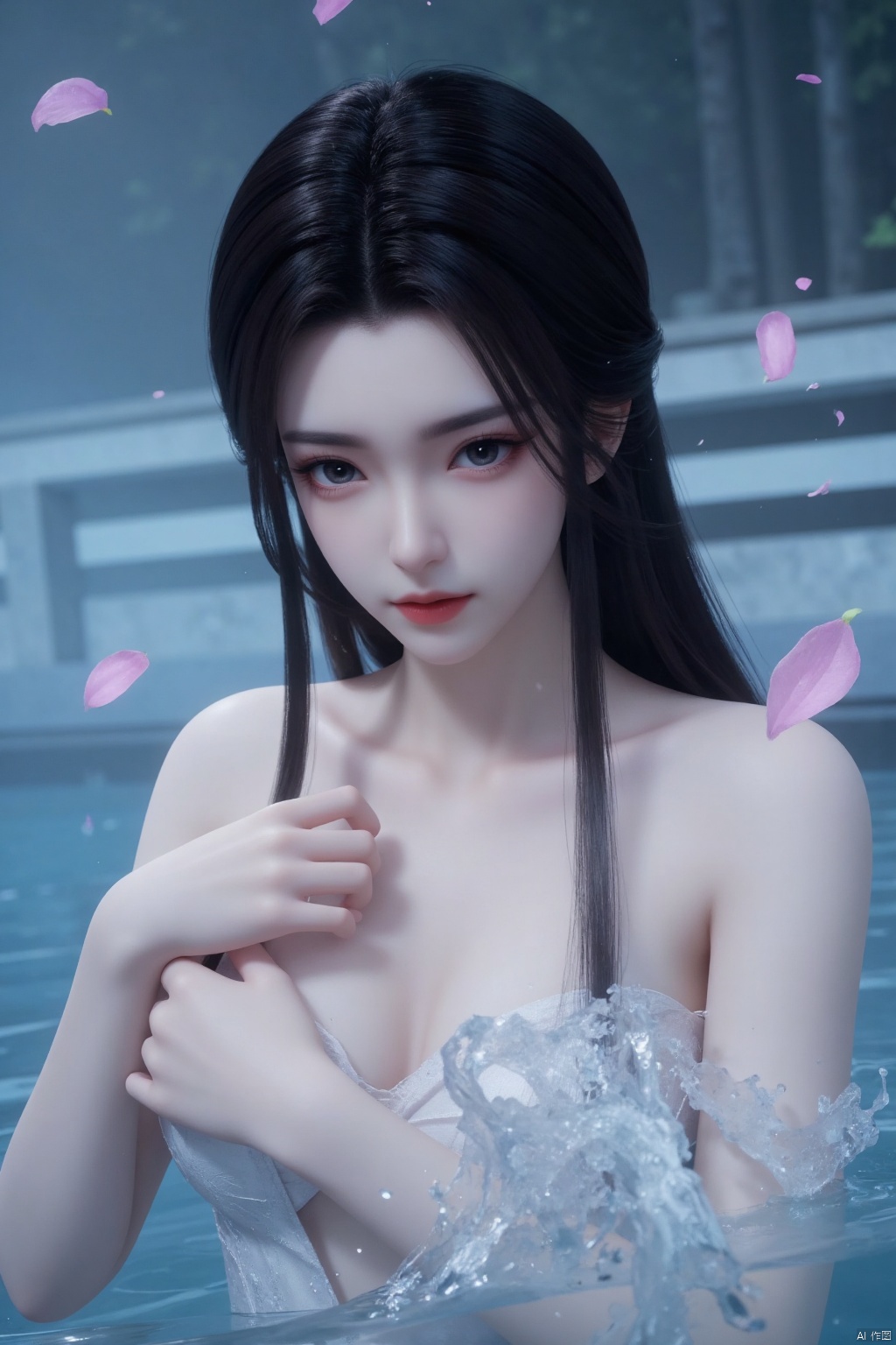 A girl,  in water, long black hair, blue eyes, pale skin, shiny skin, yuanyao, high quality, master work, bare skin,surround by water,Anger,Blush,Angry,Dodge,Hold your chest with your hands,,There are pink petals falling in the air,The water splashed,