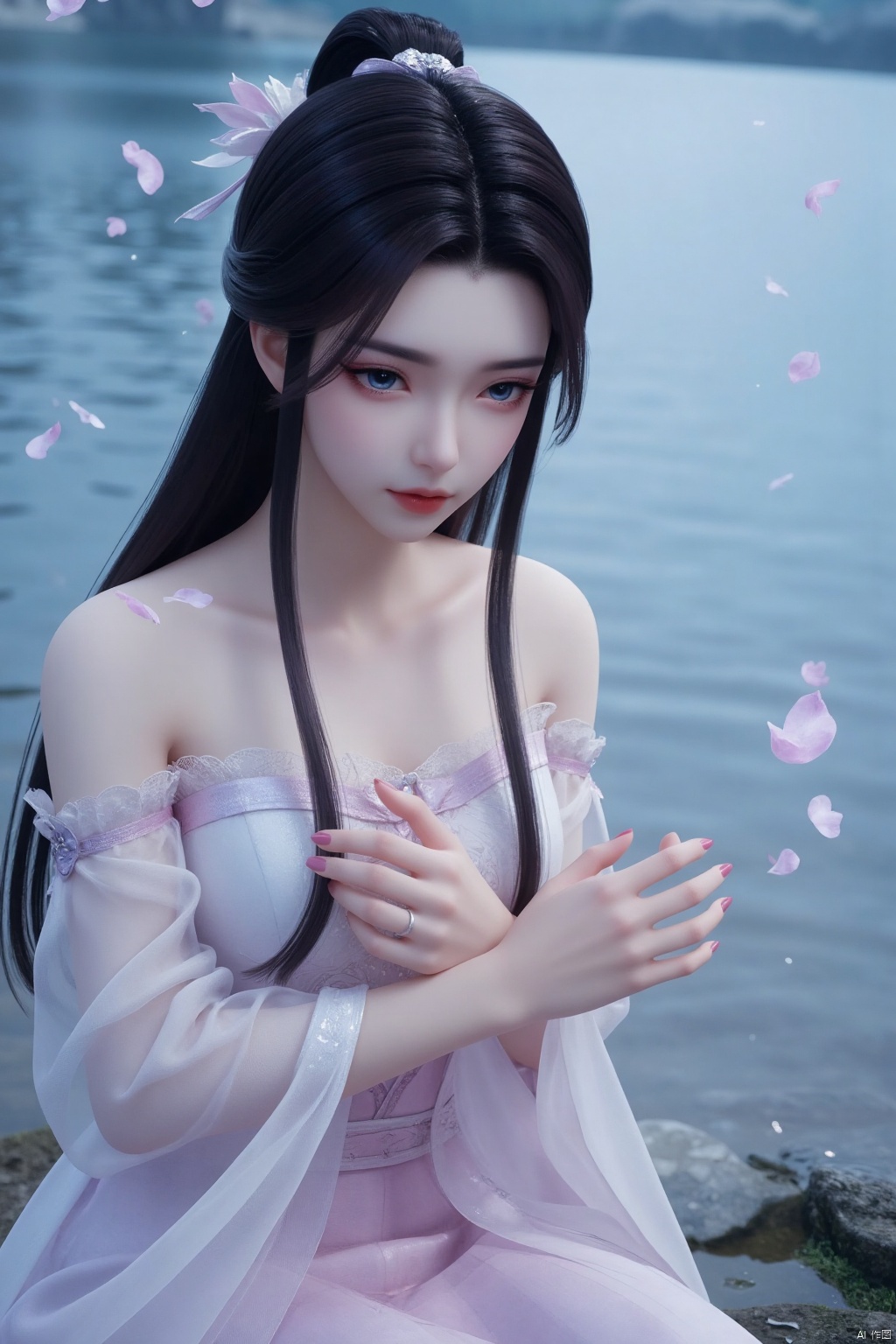 A girl,Mature woman,Sister Yu,30 years old,  Sit by the water, long black hair, blue eyes, pale skin, shiny skin, yuanyao, high quality, master work, bare skin,surround by water,Anger,Blush,Angry,Dodge,Hold your chest with your hands,,There are pink petals falling in the air,The water splashed,petal censor,Gauze, classical