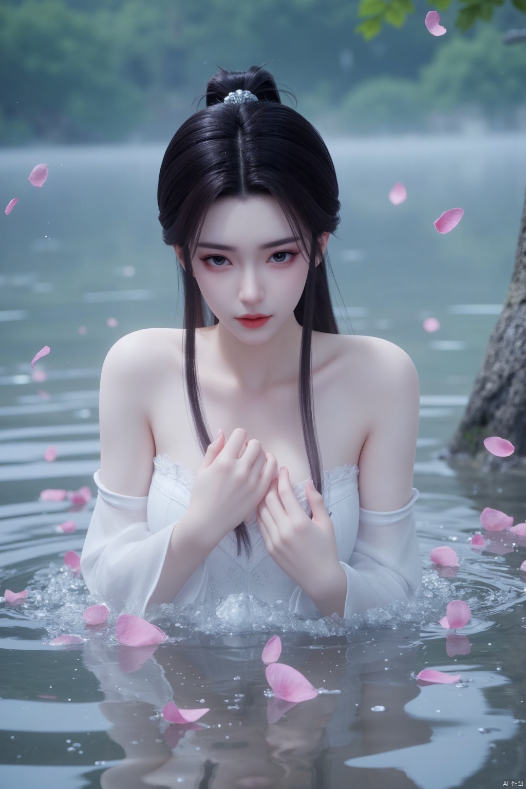 A girl,Mature woman,Sister Yu,30 years old,  Sit by the water, long black hair, blue eyes, pale skin, shiny skin, yuanyao, high quality, master work, bare skin,surround by water,Anger,Blush,Angry,Dodge,Hold your chest with your hands,,There are pink petals falling in the air,The water splashed,petal censor