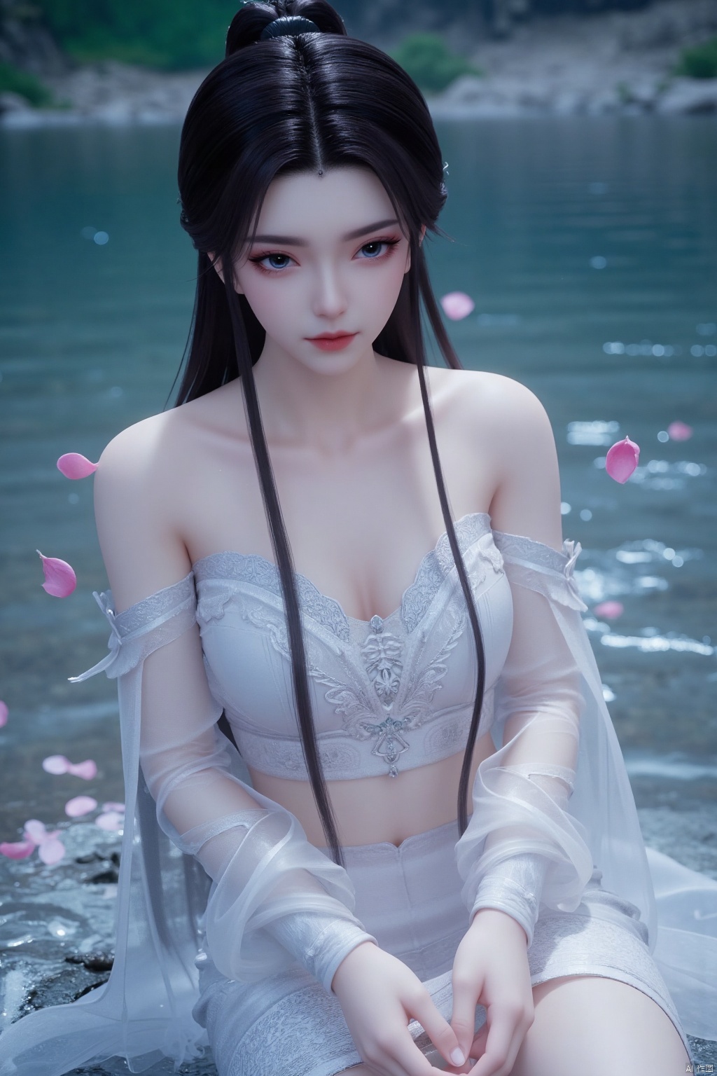 A girl,Mature woman,Sister Yu,30 years old,  Sit by the water, long black hair, blue eyes, pale skin, shiny skin, yuanyao, high quality, master work, bare skin,surround by water,Anger,Blush,Angry,Dodge,There are pink petals falling in the air,The water splashed,petal censor,Gauze, classical,looking at viewer