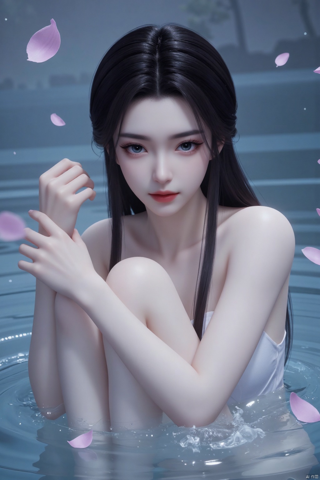 A girl,  in water, long black hair, blue eyes, pale skin, shiny skin, yuanyao, high quality, master work, bare skin,surround by water,Anger,Blush,Angry,Dodge,Put your arms around your knees,,There are pink petals falling in the air,