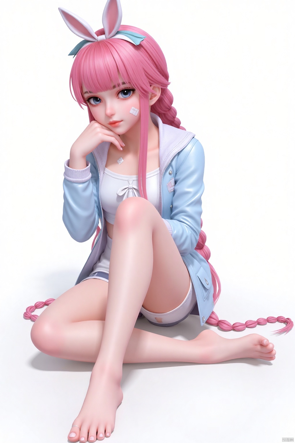 Masterpiece, best quality, high quality, (colorful), small chest, (pink hair: 1.4), (long legs: 1.3),1girl, bandaid, bandaid_on_face, bandaid_on_knee, bandaid_on_leg, bangs, blue_eyes, blunt_bangs, blush, bow, braid, bunny_hair_ornament, closed_mouth, collarbone, crossed_bandaids, hair_ornament, hand_on_own_cheek, hands_on_own_cheeks, hands_on_own_face, jacket, long_hair, long_sleeves, looking_at_viewer, short_shorts, shorts, sitting, solo, twin_braids, very_long_hair, white_background