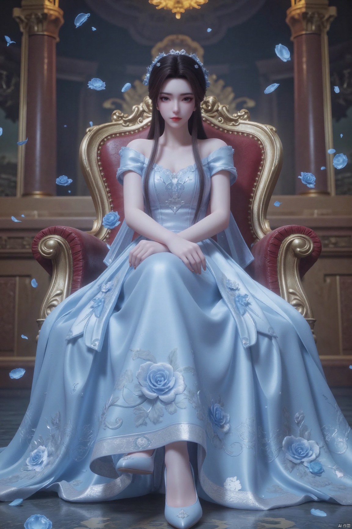 hunsha,a beautiful woman in a blue wedding dress,black hair,face with blue dye,facial imprint,brown eyes,light pink lipstick,standing in front of a glorious church,flower,stenciled_rose,blue rose,a large number of petals flying in the air,high_heels,(close-up:1.2),chair,exquisite chairs,sitting_on_chair,crossed_legs,
