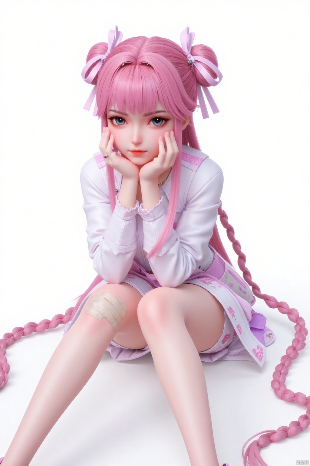 Masterpiece, best quality, high quality, (colorful), small chest, (pink hair: 1.4), (long legs: 1.3),1girl, bandaid, bandaid_on_face, bandaid_on_knee, bandaid_on_leg, bangs, blue_eyes, blunt_bangs, blush, bow, braid, bunny_hair_ornament, closed_mouth, collarbone, crossed_bandaids, hair_ornament, hand_on_own_cheek, hands_on_own_cheeks, hands_on_own_face, jacket, long_hair, long_sleeves, looking_at_viewer, short_shorts, shorts, sitting, solo, twin_braids, very_long_hair, white_background