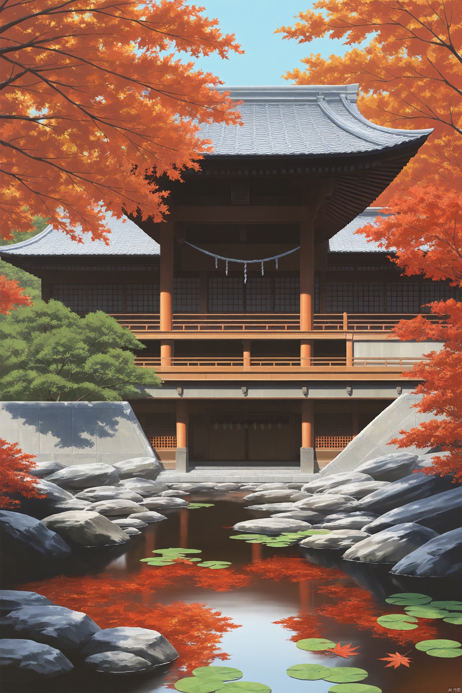 outdoors, day, water, tree, no humans, bird, leaf, scenery, reflection, rock, autumn leaves, architecture, east asian architecture,cxbackground