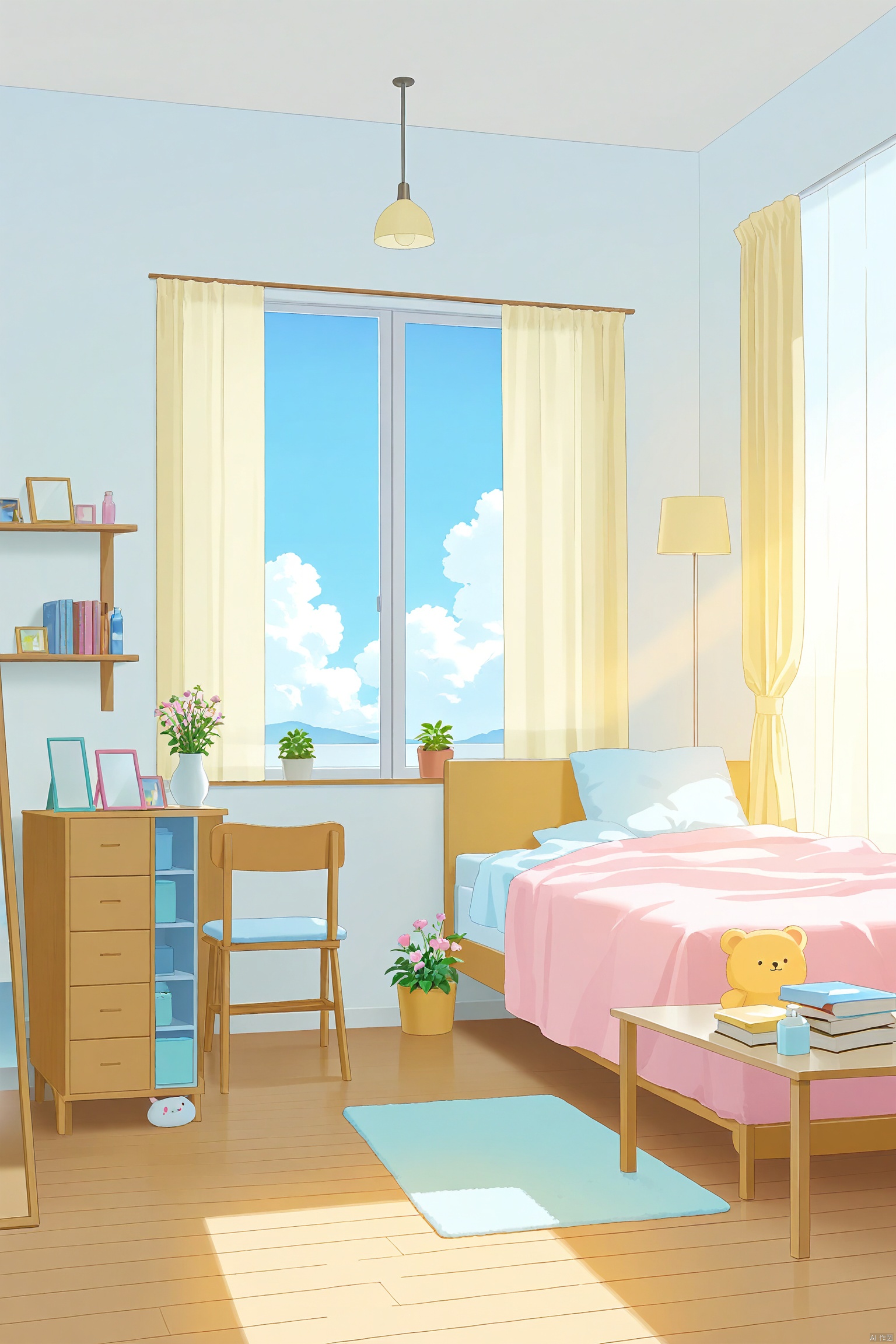 sky, day, cloud, indoors, blue sky, pillow, book, no humans, window, bed, chair, stuffed toy, table, sunlight, stuffed animal, bottle, plant, curtains, towel, scenery, wooden floor, mirror, potted plant, lamp, bedroom, shelf, flower pot,cxbackground