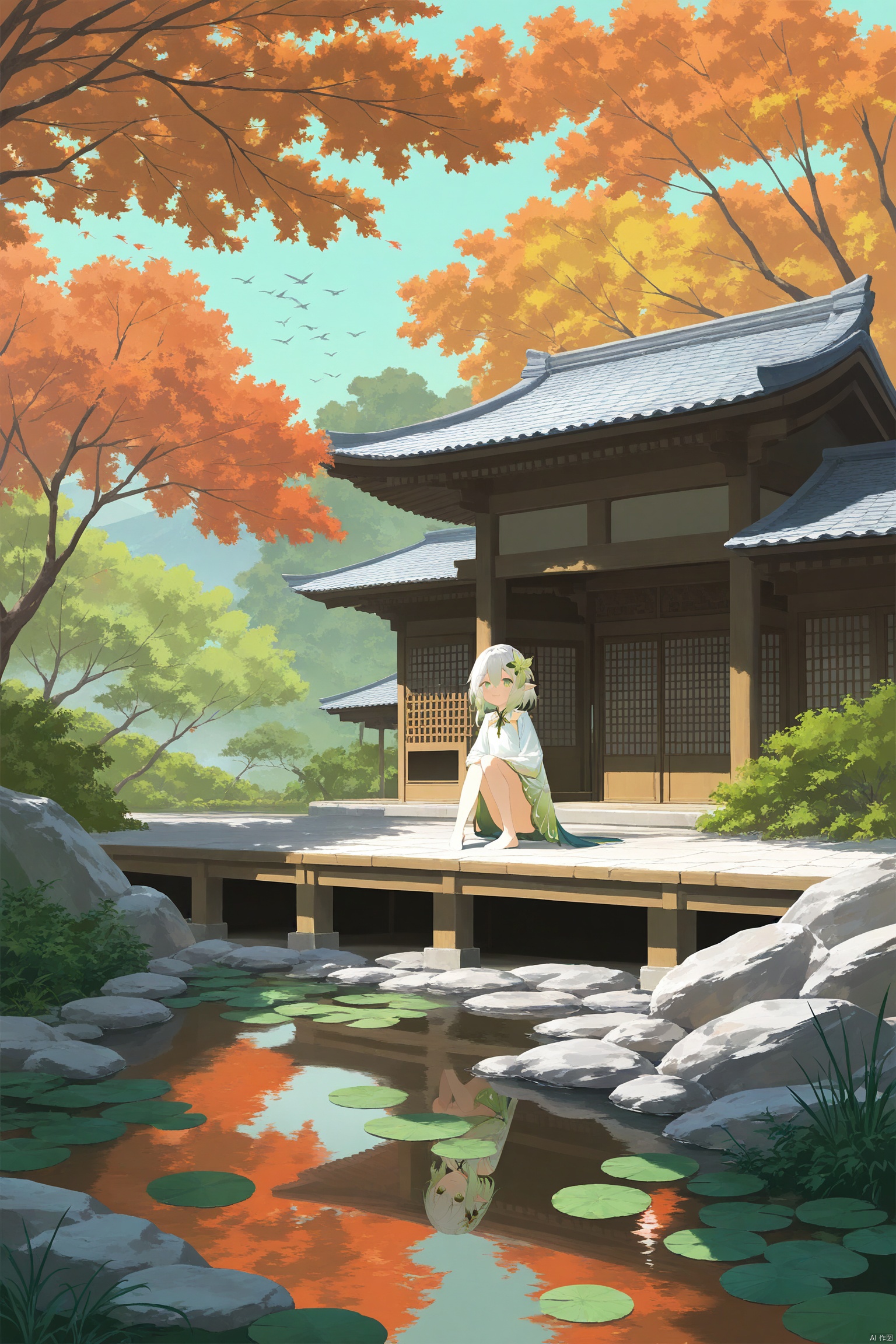 masterpiece,best quality,elf girl,pointy_ears, smile, small breast, white hair,green hair,green eyes,symbol-shaped pupils, bangs, cross-shaped pupils, hair ornament, gradient hair, side tonytail, outdoors, day, water, tree, no humans, bird, leaf, scenery, reflection, rock, autumn leaves, architecture, east asian architecture,cxbackground