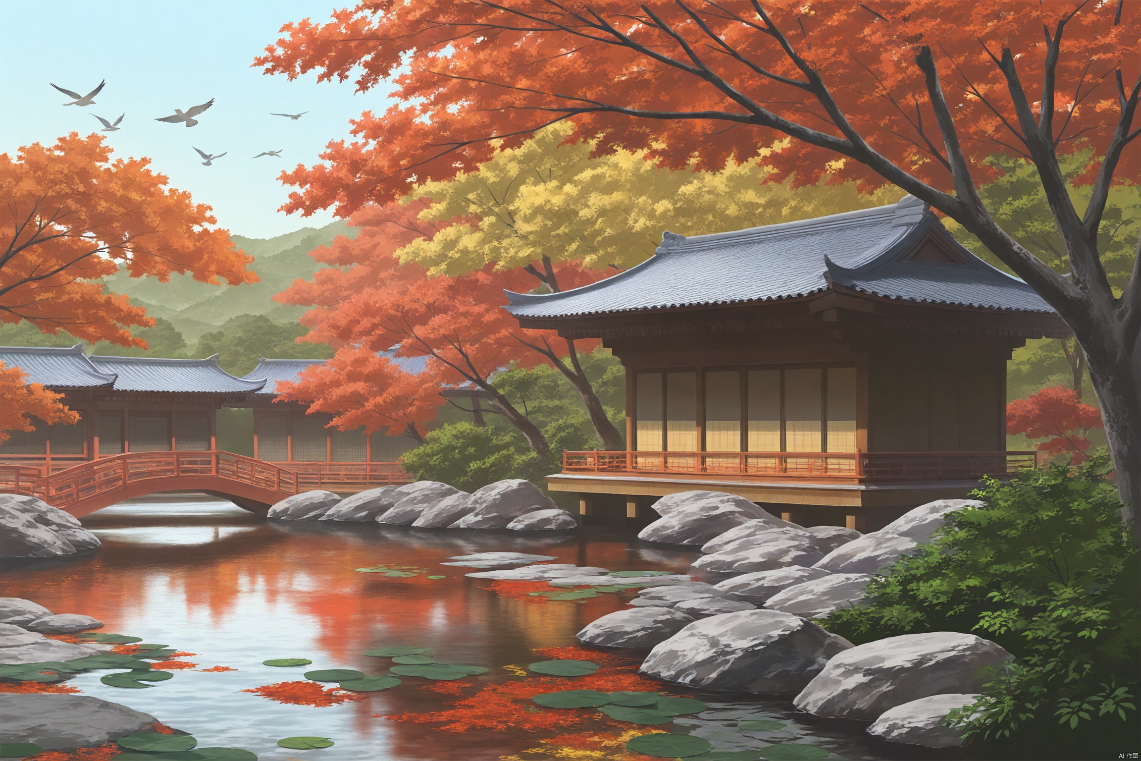 outdoors, day, water, tree, no humans, bird, leaf, scenery, reflection, rock, autumn leaves, architecture, east asian architecture,cxbackground