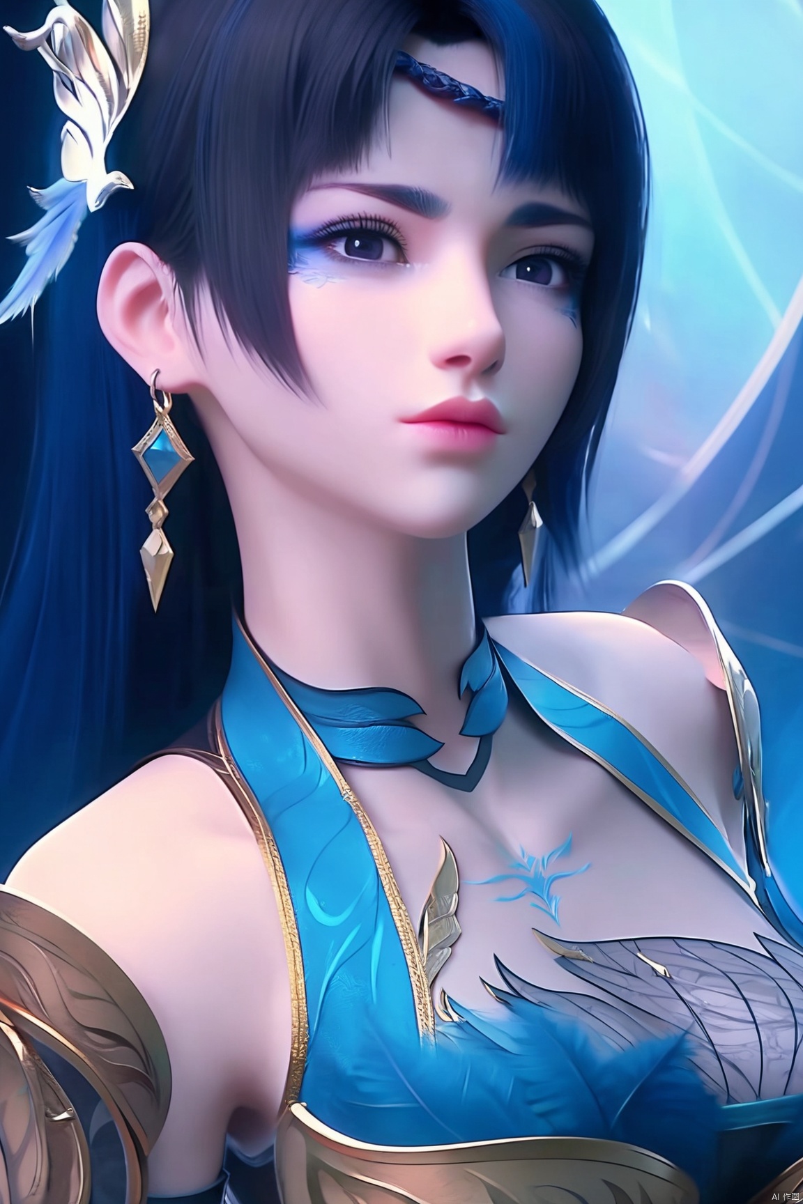 score_9, score_8_up, score_7_up,highly detailed digital,1girl, solo, long hair, breasts, looking at viewer, black hair, hair ornament, dress, bare shoulders, jewelry, closed mouth, blue hair, upper body, earrings, blue dress