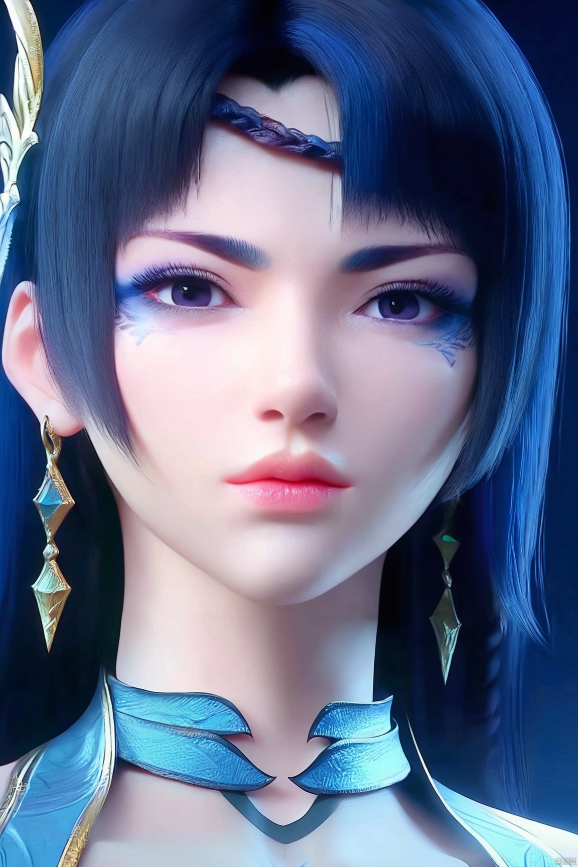 score_9, score_8_up, score_7_up,highly detailed digital,1girl, solo, long hair, looking at viewer, bangs, black hair, jewelry, closed mouth, blue hair, upper body, earrings, lips, tattoo, makeup, portrait, eyeshadow