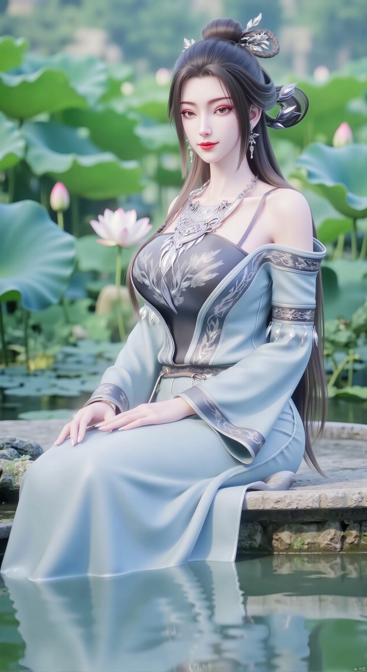  SFW,(masterpiece:1.2),best quality,absurdres,masterpiece,original,extremely detailed wallpaper,perfect lighting,1girl,solo,looking at viewer,(cowboy_shot:1.3),long hair,high heels,blurry background,depth of field,motion blur,(light cyan long dress:1.23),china_dress,chinese_style,bare shouders,crystal_earrings,headpiece,hair_tie,chest_jewel,gem,necklace,jewelry,in summer,day,outdoors,nature,garden,,(sitting,Lotus pond, lotus:1.59),(huge breasts:2.99),(full breasts:2.89),Xzhihua,Xsiyouyou,Xyanruyu,Xmoxiaonan,Xyeqingxian