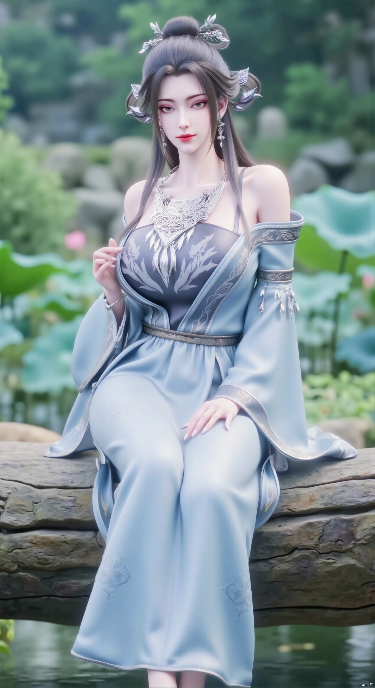 SFW,(masterpiece:1.2),best quality,absurdres,masterpiece,original,extremely detailed wallpaper,perfect lighting,1girl,solo,looking at viewer,(cowboy_shot:1.3),long hair,high heels,blurry background,depth of field,motion blur,(light cyan long dress:1.23),china_dress,chinese_style,bare shouders,crystal_earrings,headpiece,hair_tie,chest_jewel,gem,necklace,jewelry,in summer,day,outdoors,nature,garden,,(sitting,Lotus pond, lotus:1.59),(huge breasts:2.99),(full breasts:2.89),Xzhihua,Xsiyouyou,Xyanruyu,Xmoxiaonan,Xyeqingxian