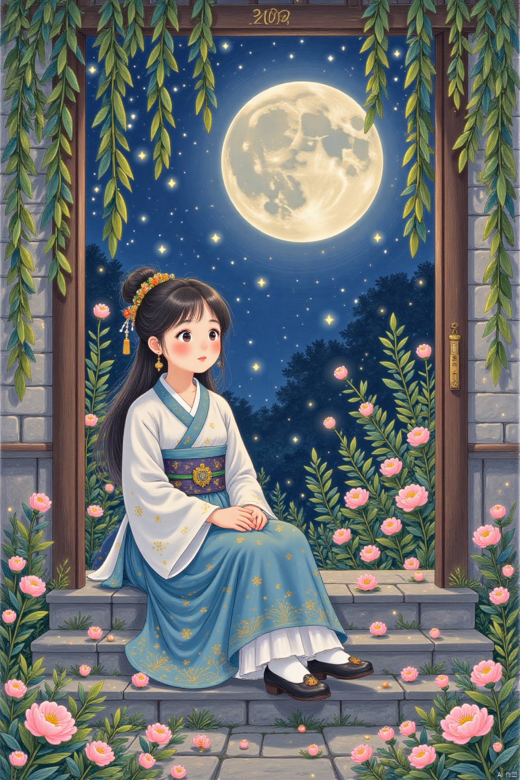  a chinese female ,30years old, sitting at steps of door, looking at moon in the sky, black eyes,wearing hanfu,gloom (expression) ,from below,detailed face,chinese ancient house background,petals and leaves on ground,cool tone,night, ethereal atmosphere, evocative hues, captivating coloration, dramatic lighting, enchanting aura, masterpiece, best quality, epic cinematic, soft nature lights, rim light, amazing, hyper detailed, ultra realistic, soft colors, photorealistic, Ray tracing, Cinematic Light, light source contrast,black and white ink painting , traditional chinese ink painting,willow branches,willow tree in background, ananmo