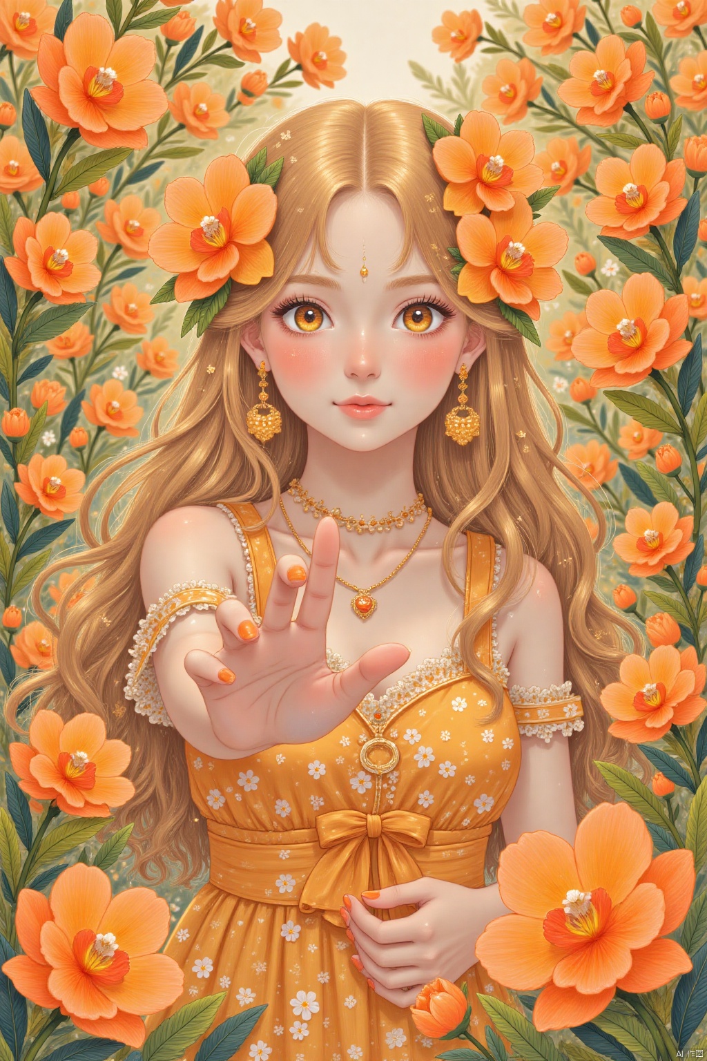 A majestic portrait of a solo girl, gazing directly at the audience with her vibrant orange eyes and matching nail polish. Her long hair flows like a golden waterfall, adorned with an orchid that reaches out to the viewer like a tender touch. The blurred background features a sea of orange flowers, creating an extreme aesthetic. The overall quality is superb, with exquisite details and textures. This artwork embodies the essence of beauty, absurdity, and perfection. (Rating: 0.7)