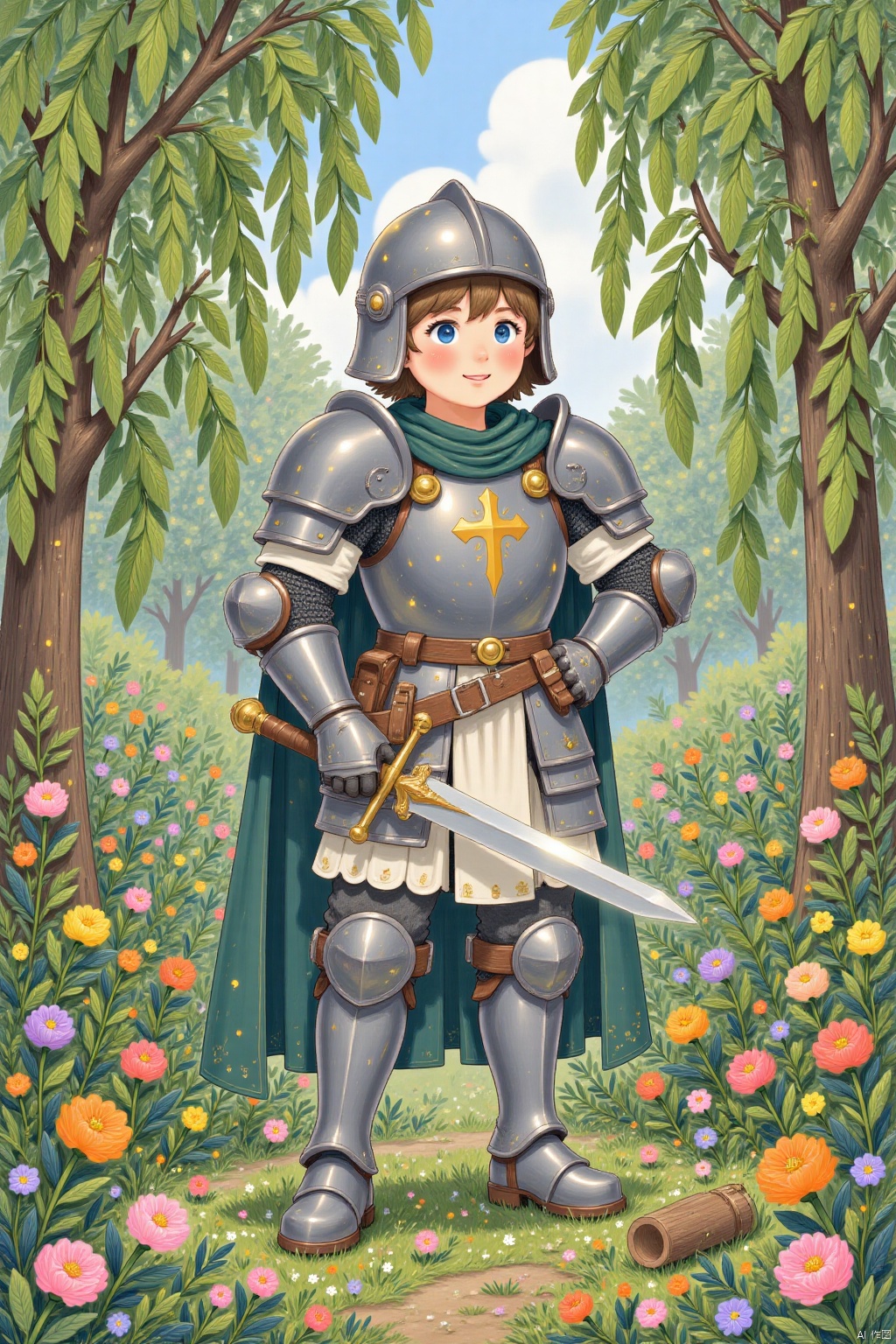 ash, Boy, Male focus, full armor, helmet, gauntlet, Handheld, standing, shoulder armor, Gauntlet, Knight, hand on hip, full body, Thorn, wood carving, plant, boot, breastplate, handheld sword, Fantasy, Glow, armored boot