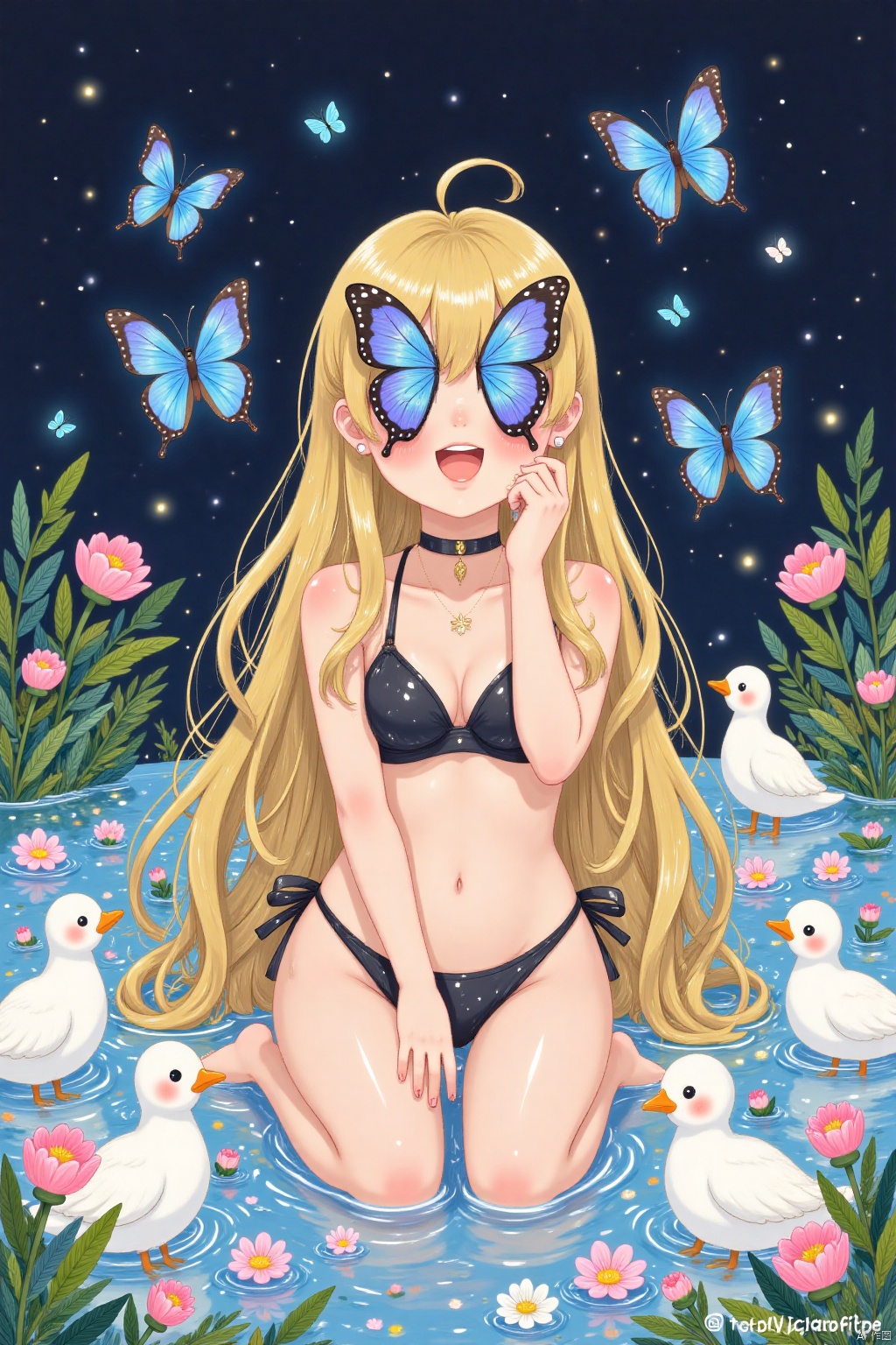 An animated image of a woman with long blonde hair and blue butterfly on her face. The woman is sitting in a body of water, her hair cascades over her shoulders. She is wearing a black bikini, and a black choker around her neck. The butterfly is a vibrant blue color, with a darker blue and purple pattern on its wings. The background is dark, and there are white birds in the water around the woman. There is a watermark in the bottom right corner of the image.