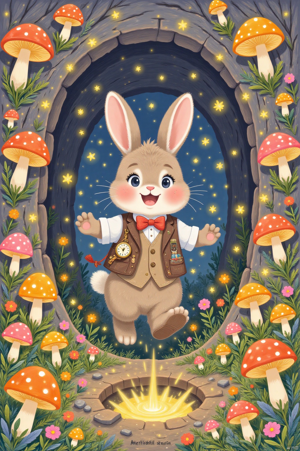  rabbit in a waistcoat and a pocket watch hopping down a rabbit hole. The hole is lined with glowing mushrooms, and there's a mysterious light at the bottom. The rabbit looks excited and a bit nervous.