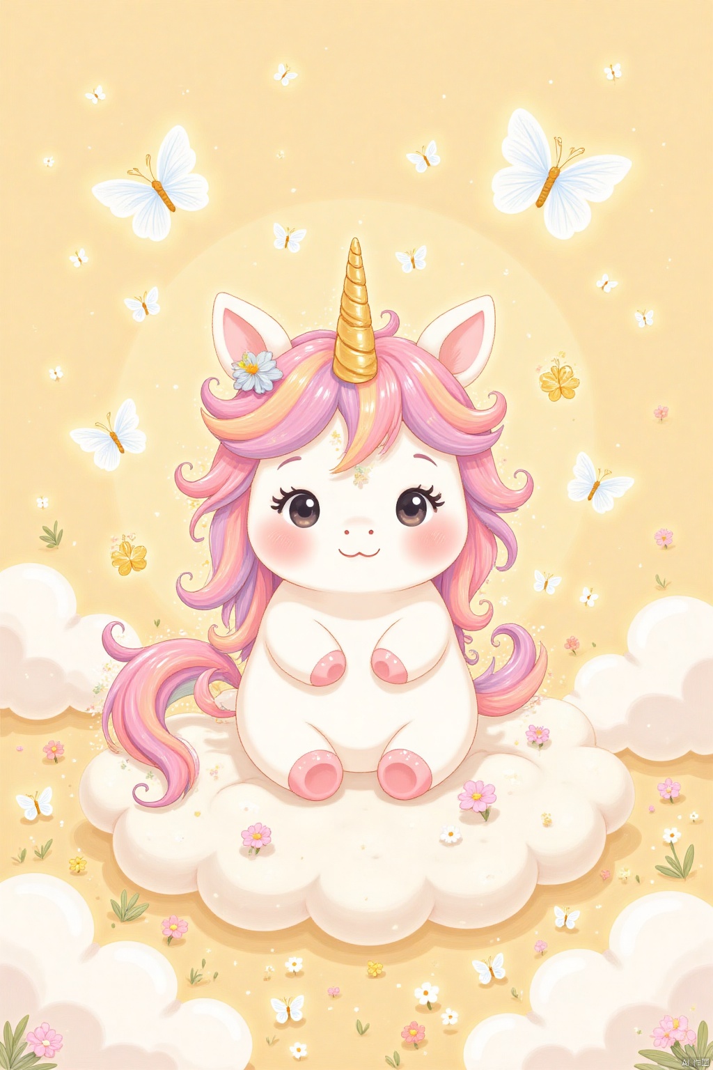 In a warm, golden-lit studio setting, a whimsical illustration comes to life. A majestic unicorn, rendered in exquisite 16k detail, poses majestically on a soft, fluffy cloud. Its gentle gaze and delicate features exude a sense of calm, as if it's about to whisper a secret to the viewer. The cartoon-style charm is amplified by the soothing colors and intricate textures, creating a visually stunning masterpiece that embodies a healing style, perfect for soothing the soul.