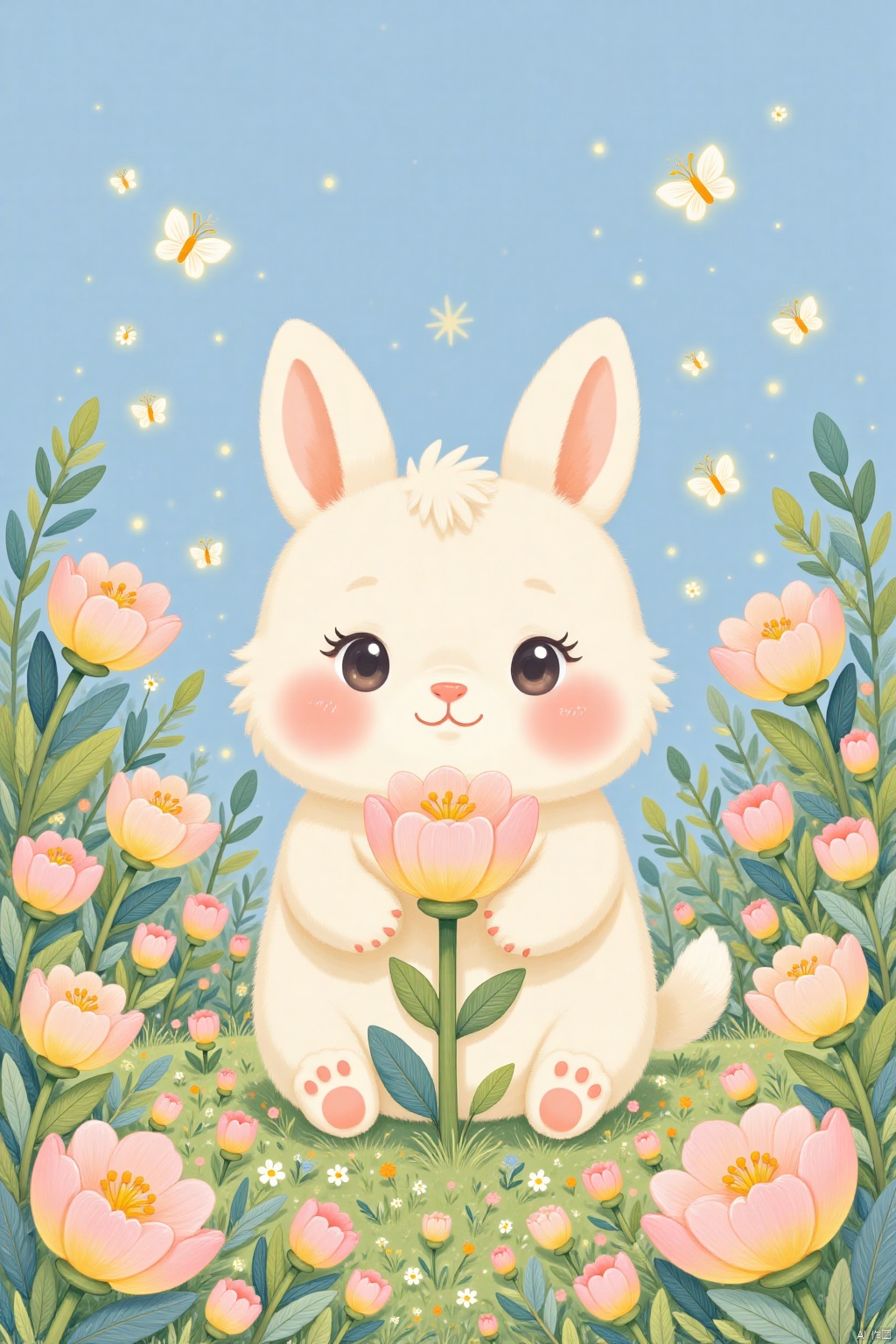A serene, whimsical scene of a gentle creature, rendered in stunning 16k high-definition. In the foreground, a delicate, cup-shaped flower blooms with petals as soft as feathers, surrounded by a halo of warm light. The creature's large, shining eyes and endearing smile radiate kindness, as they tenderly cradle the flower in their paws. Against a serene, gradient-blue background, the composition is balanced, inviting the viewer to step into this soothing, healing world.