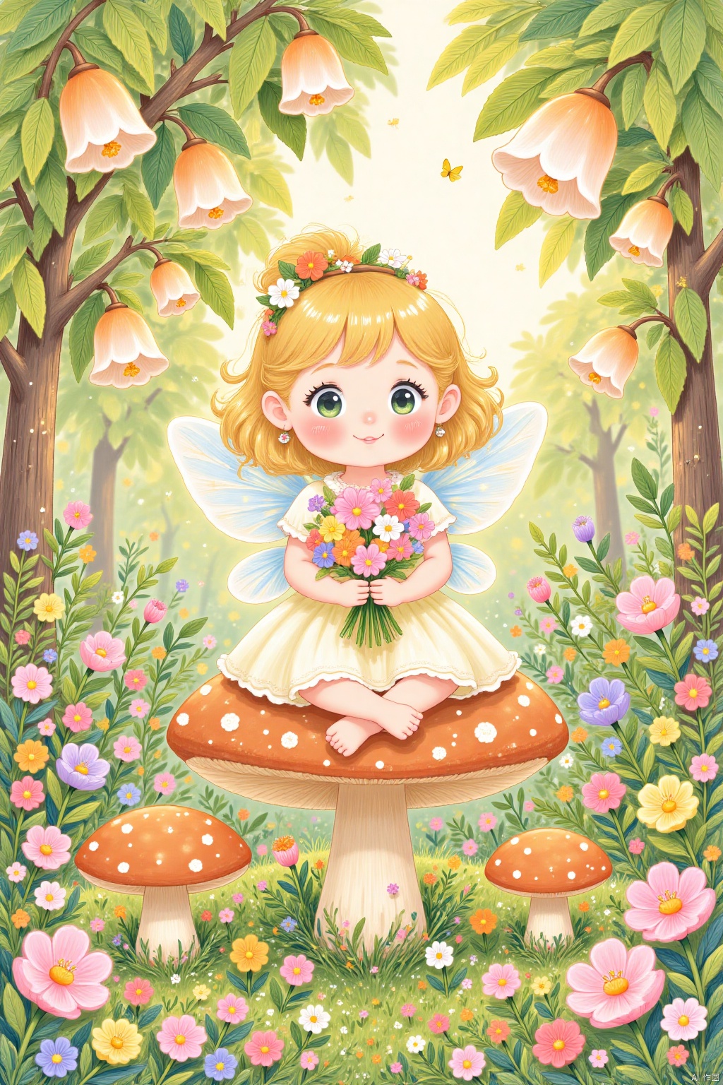 A serene and soothing masterpiece! A vibrant, 16K illustration in a high-definition, cartoon style, exuding cuteness and warmth. In the foreground, a delicate fairy with petal-like wings and a gentle smile sits upon a mushroom, surrounded by lush greenery. The soft, golden light of sunrise casts a warm glow on the scene, as the fairy's hands cradle a bouquet of healing flowers. The composition is balanced, with the fairy centered and the surrounding elements radiating from her. This idyllic scene embodies a sense of calm and tranquility, perfect for promoting relaxation and inner peace.
