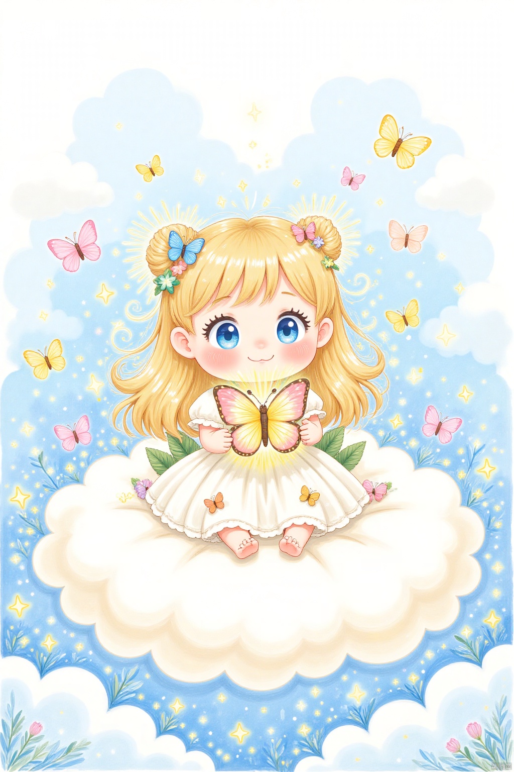 Delicate watercolor-inspired illustration of a whimsical cartoon character sitting on a cloud-shaped throne, surrounded by swirling mist and wispy strands of cirrus clouds. The subject's bright blue eyes sparkle with wonder as they cradle a radiant, 16k-resolution butterfly in their hands, set against a soft, gradient-blue background that gradates to pure white at the top.