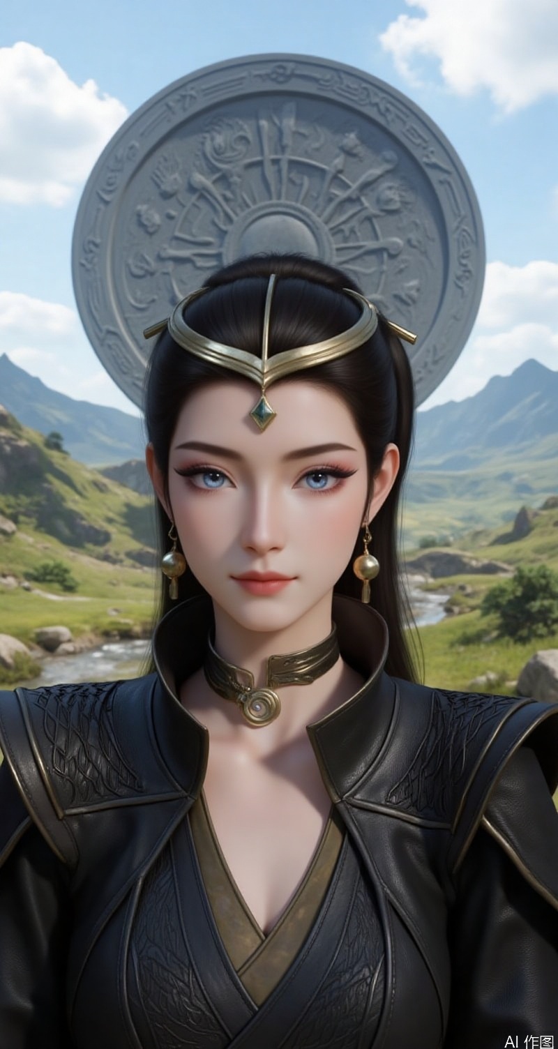 lvjing,baoshi,,wenfuren,a close-up shot of a woman's face is depicted. She is dressed in a black leather outfit,adorned with a gold necklace and earrings. Her hair is styled in a sleek bob,adding a touch of beauty to the scene. Her eyes are a piercing blue,and her eyebrows are a darker shade of brown. Her lips are a lighter shade of pink,and she's lips are pursed in a slight smile. The backdrop is a lush,green valley,with a large circular object in the center of the frame. The object has a intricate design on it,adding depth to the overall composition. The sky is a light blue,dotted with white clouds.,
cover,simple background,gradient background,close-up details,outstanding style,adding a touch of dimension to your images without compromising details,close-up,long legs