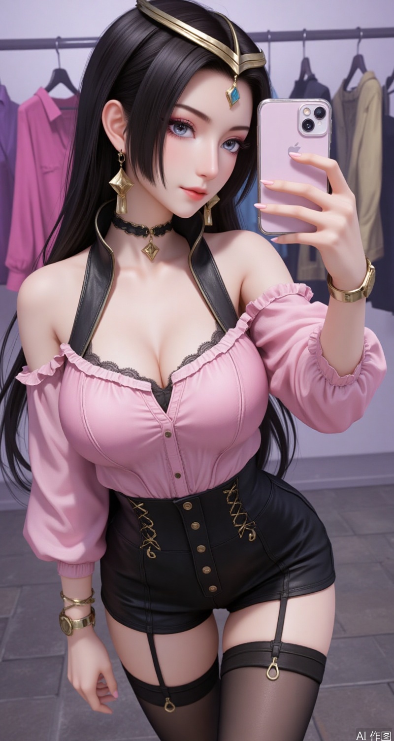 lvjing,baoshi,wenfuren,black hair,grey eyes,long hair,headpiece,jewelry,earrings,1girl,breasts,jewelry,phone,earrings,thighhighs,choker,solo,cleavage,cellphone,black choker,holding phone,bare shoulders,holding,smartphone,shirt,garter straps,black thighhighs,off-shoulder shirt,leotard,frills,selfie,collarbone,off shoulder,pink shirt,long sleeves,cross-laced clothes,standing,clothes hanger,closed mouth,cowboy shot,high-waist shorts,thighs,indoors,large breasts,see-through,shorts,medium breasts, cover,simple background,gradient_background,Close-up details,outstanding style,adding a touch of dimension to your images without compromising details,close-up,